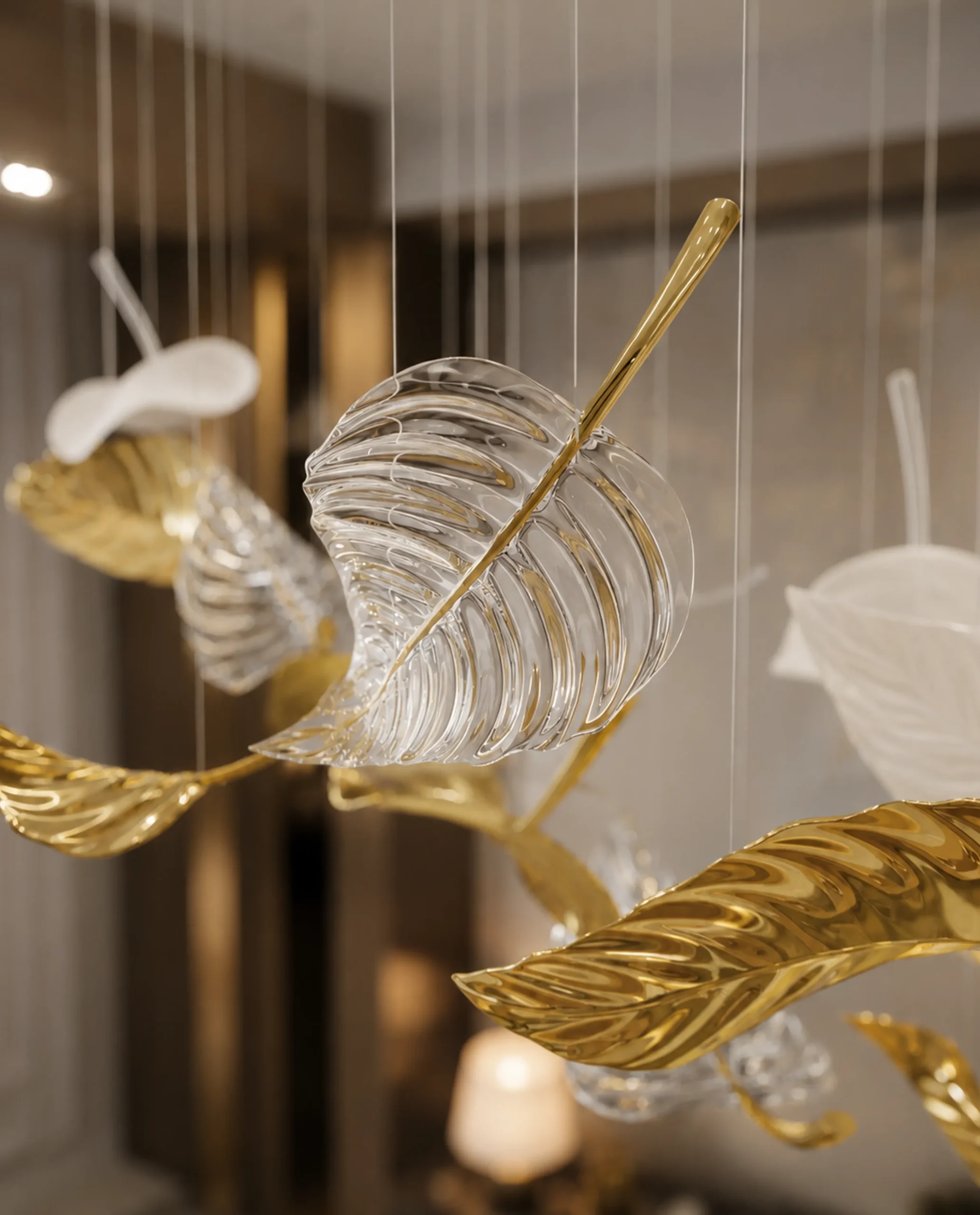 Amara chandelier crystal and gold leaf close-up Bloom Lighting