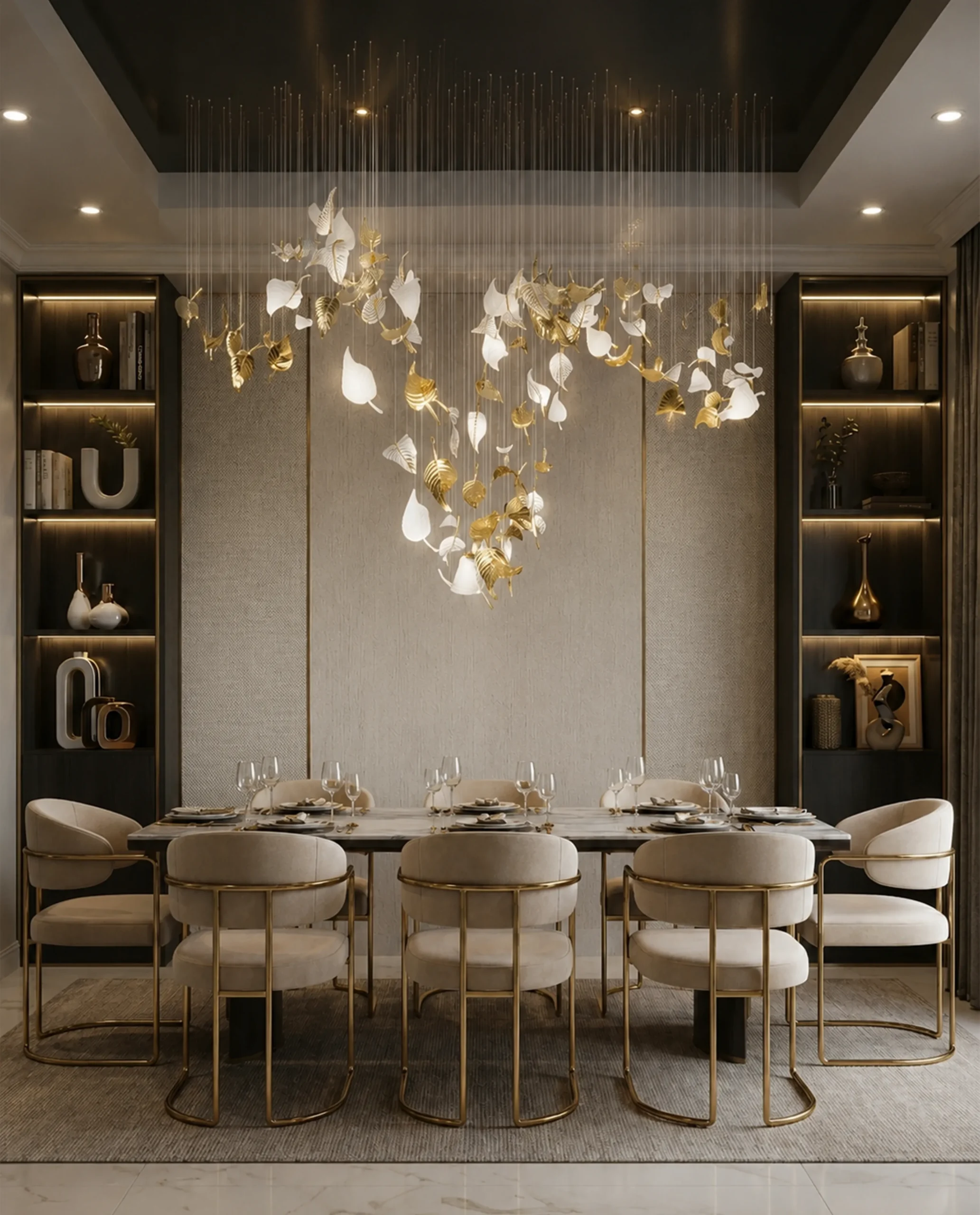 Amara chandelier installed in luxury dining space