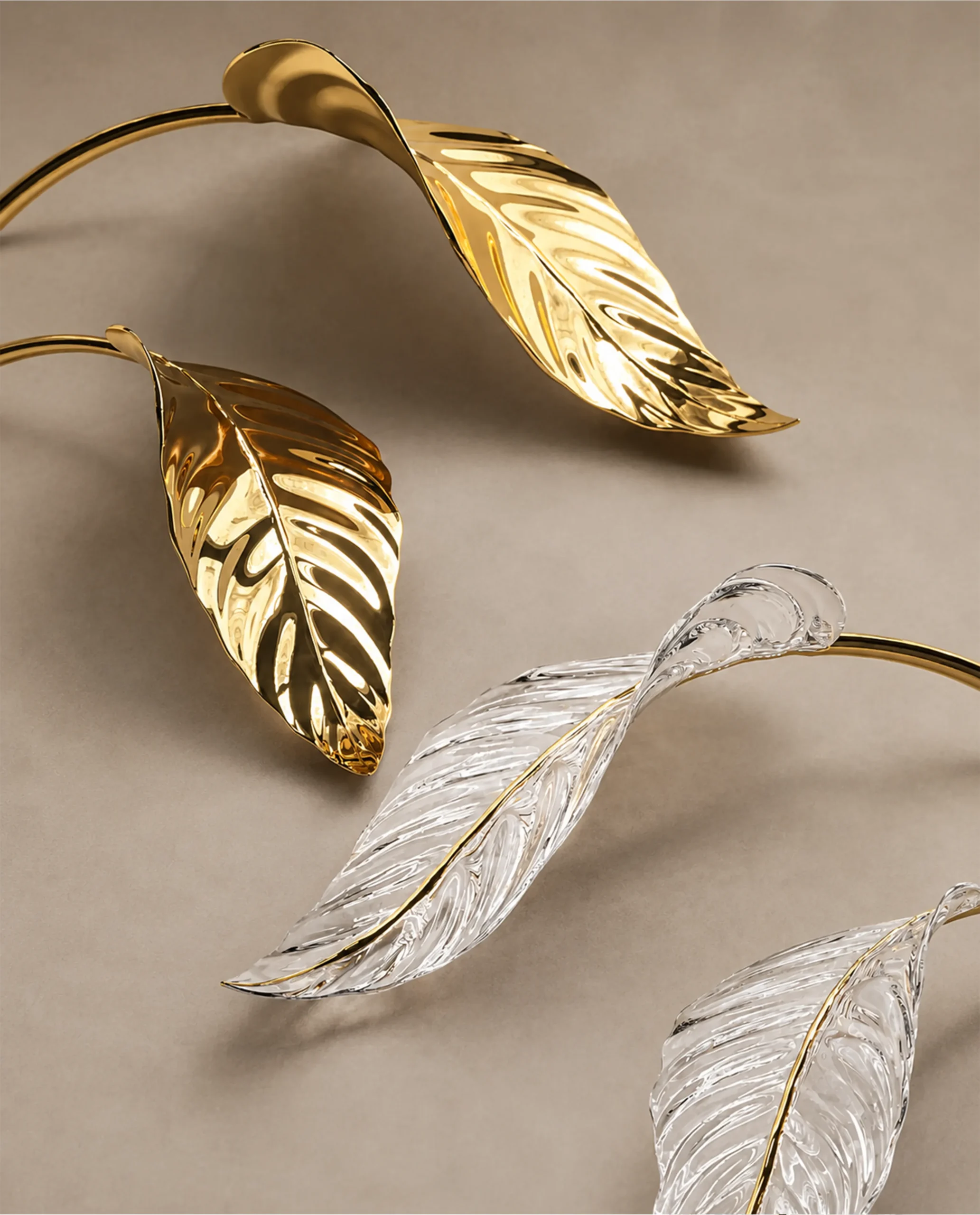 Amara chandelier gold and crystal leaf pair detail