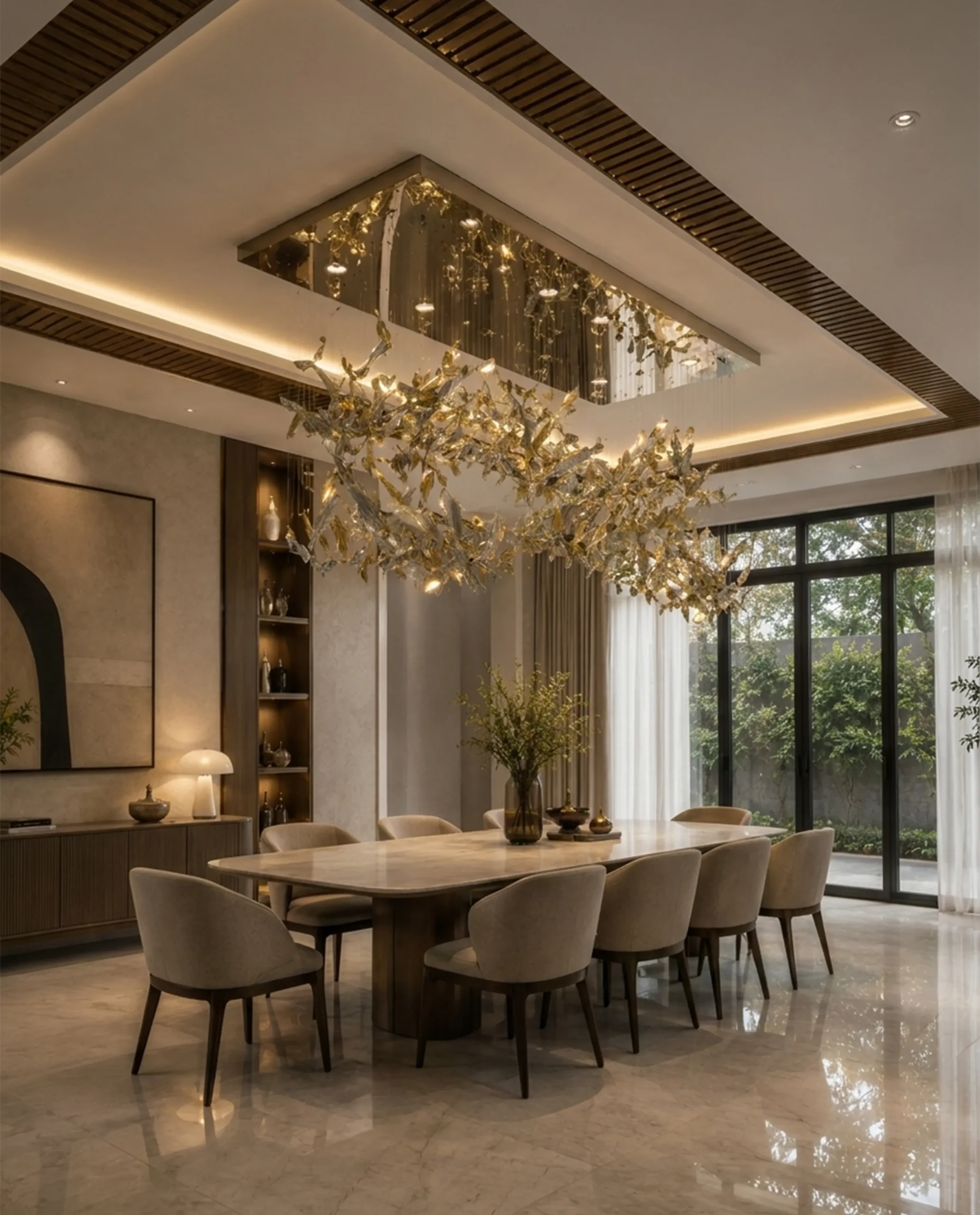 Belleza chandelier installed above dining table in luxury interior