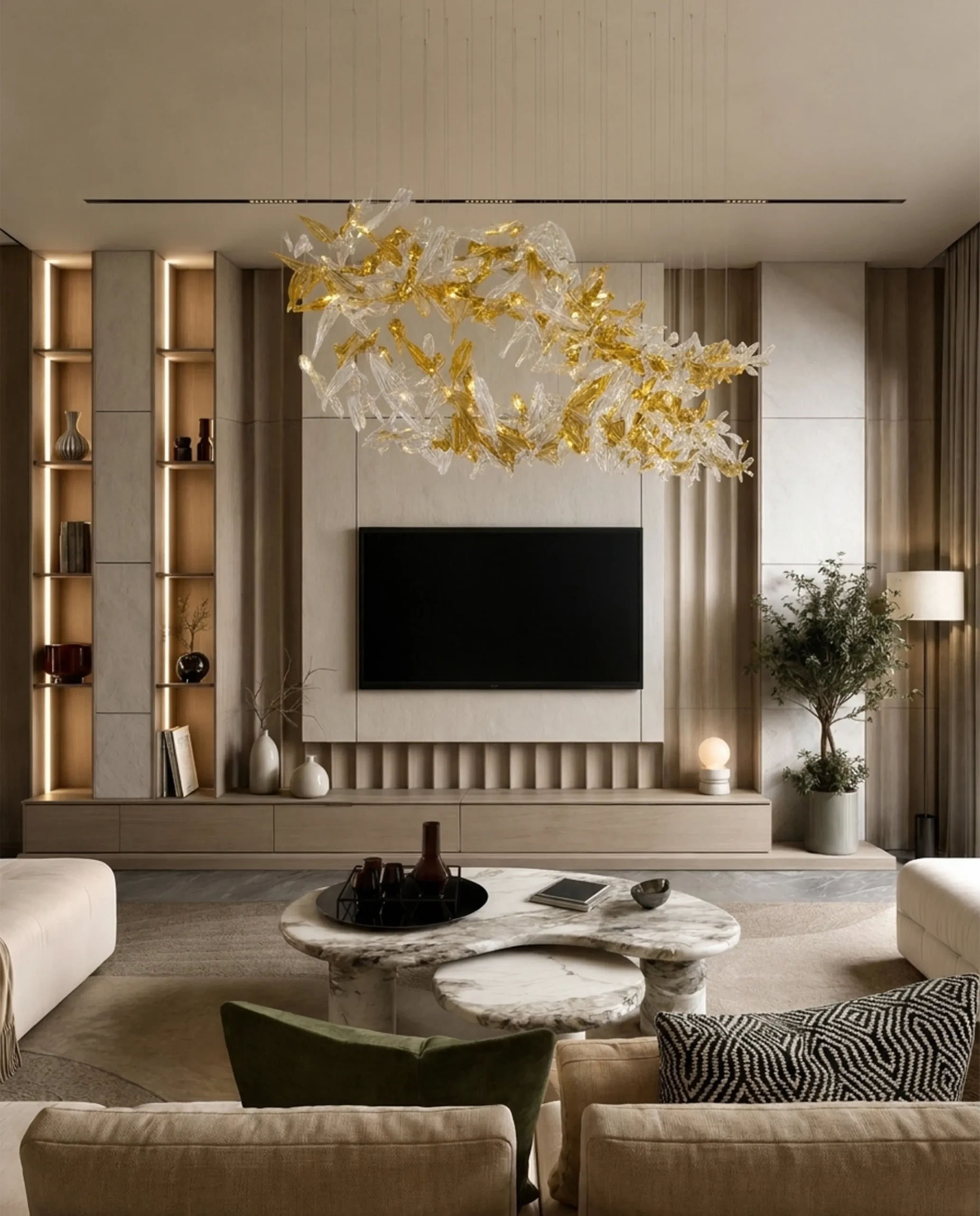 Belleza chandelier installed in luxury living room