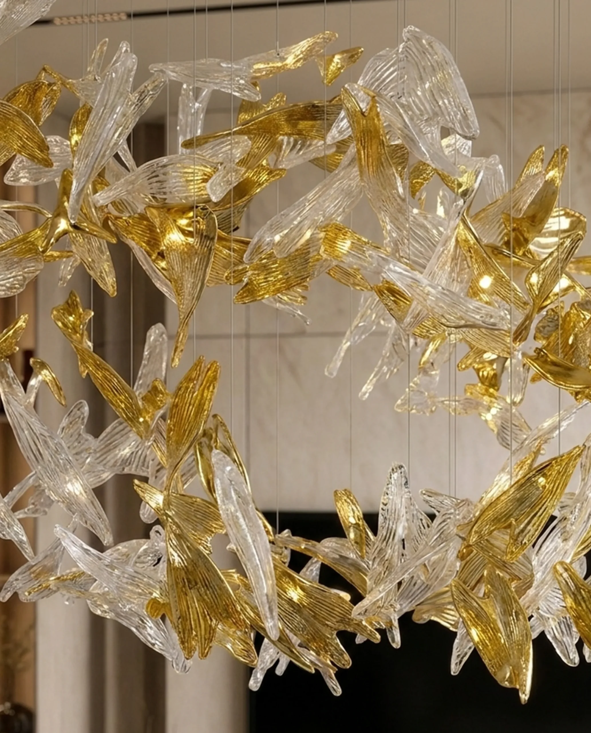 Belleza chandelier gold and glass leaf cluster detail