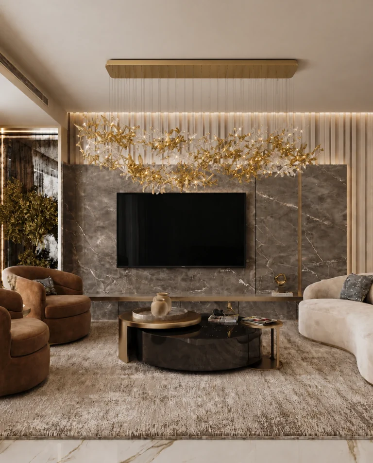 Belleza chandelier installed above fireplace media wall