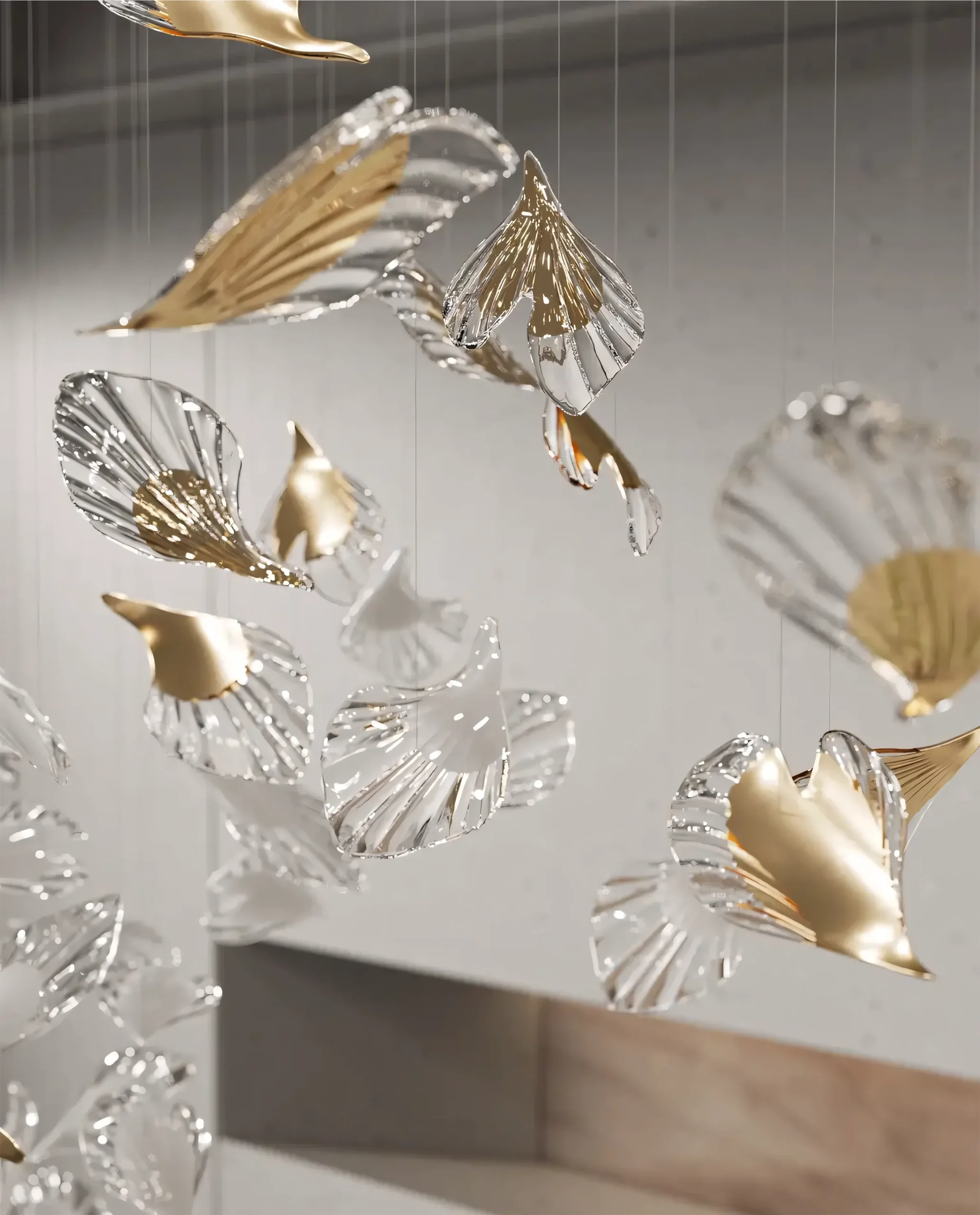Celestine chandelier gold and crystal leaf suspension