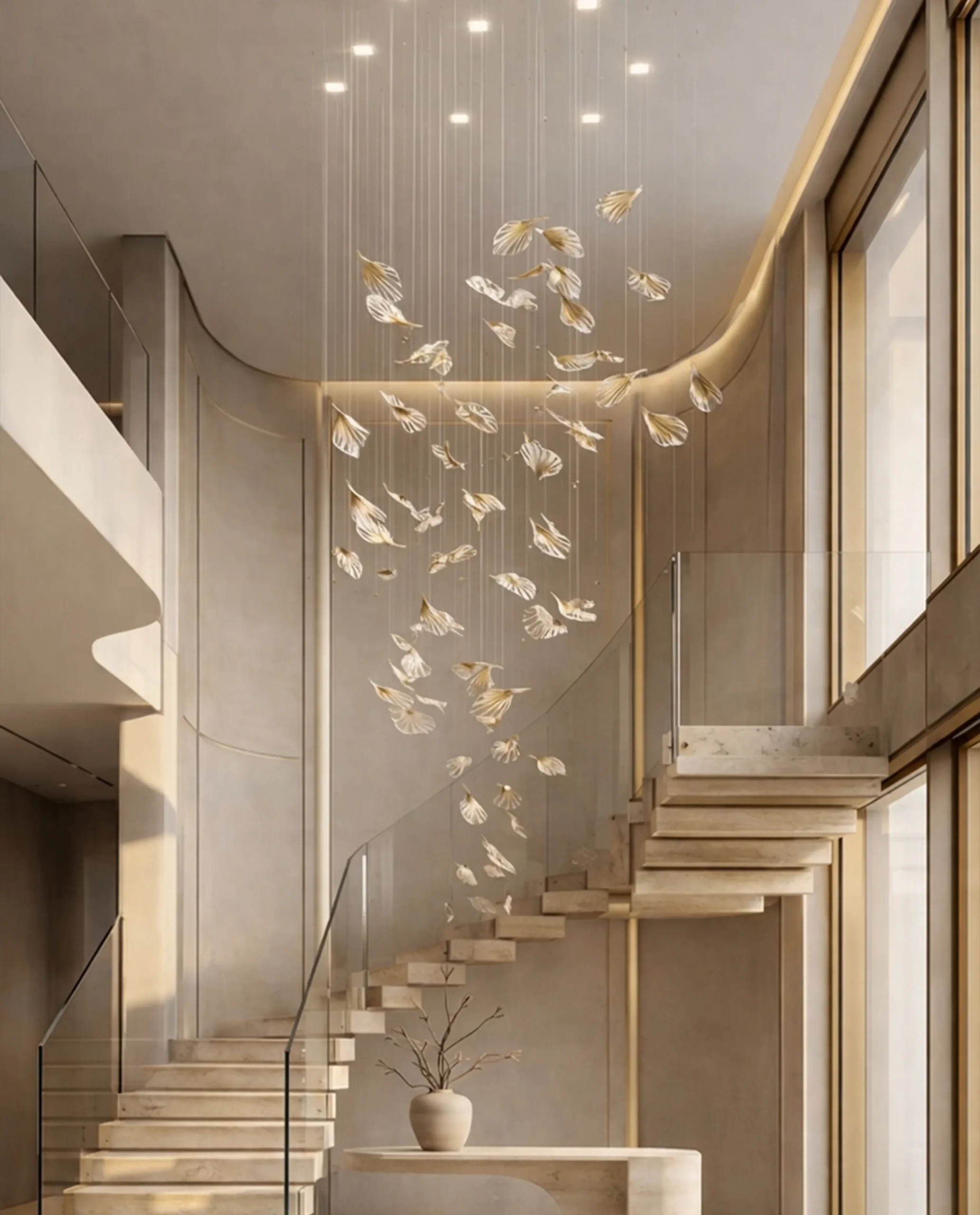 Celestine chandelier cascading leaf formation in stairwell