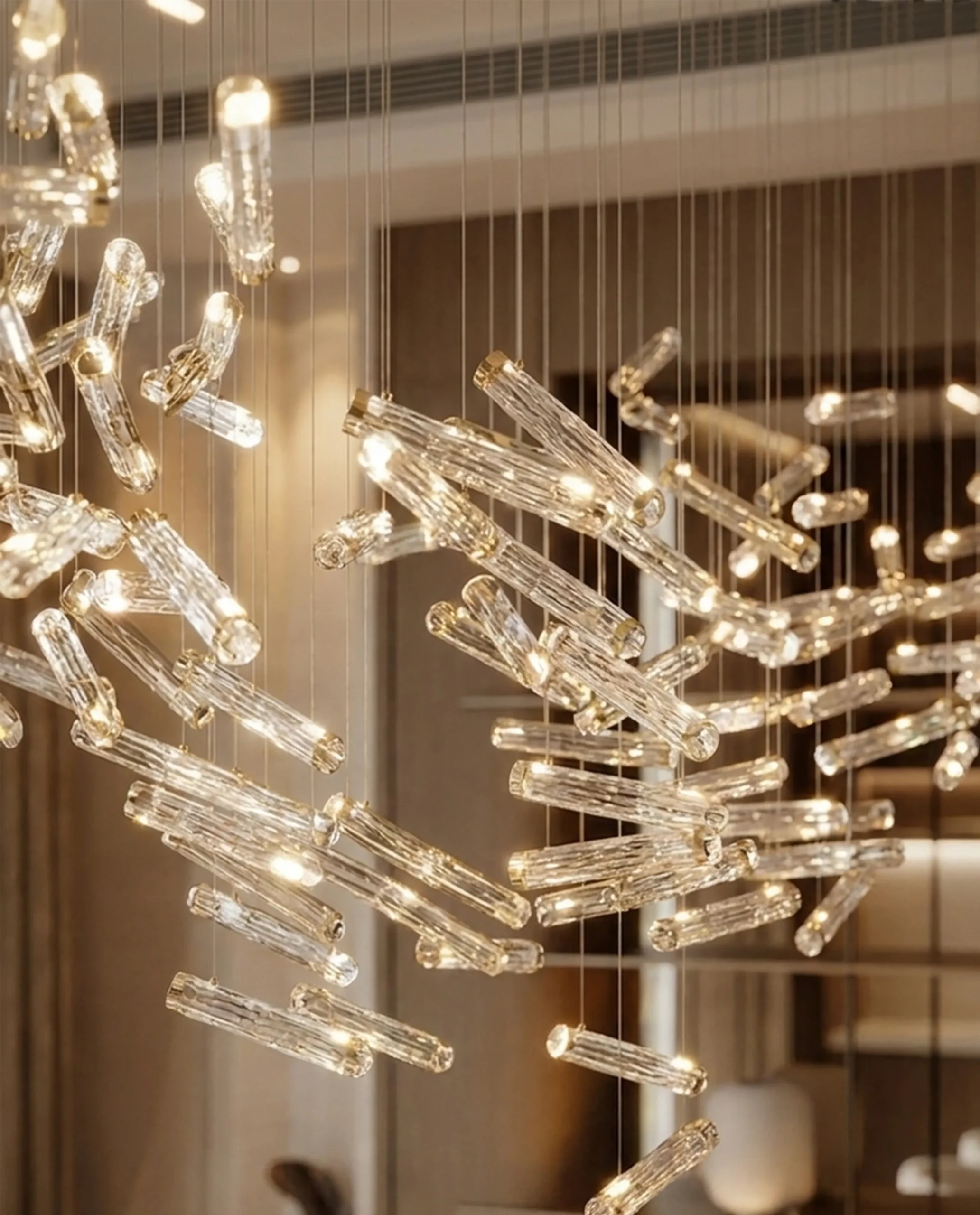 Cristallo chandelier reflective glass rod close-up Bloom Lighting