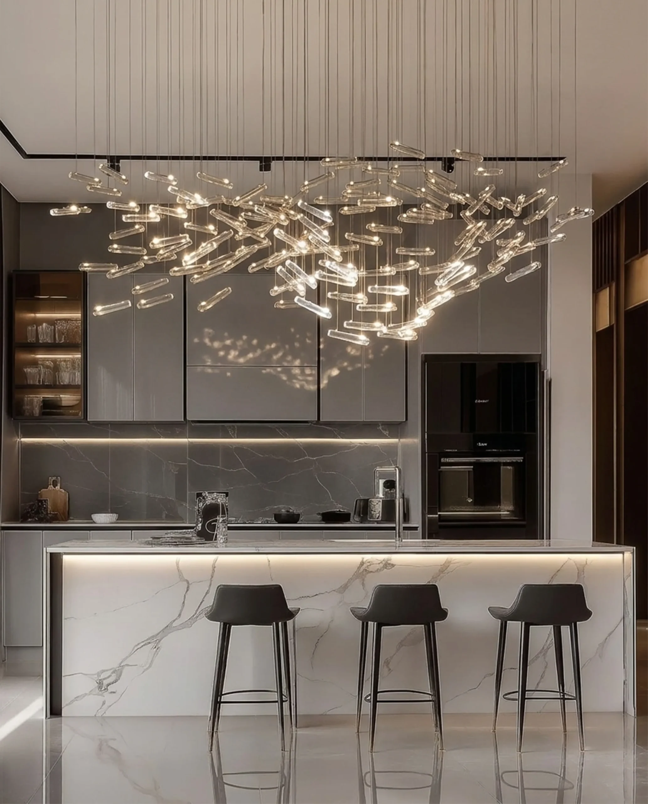 Cristallo chandelier installed above kitchen island in luxury interior