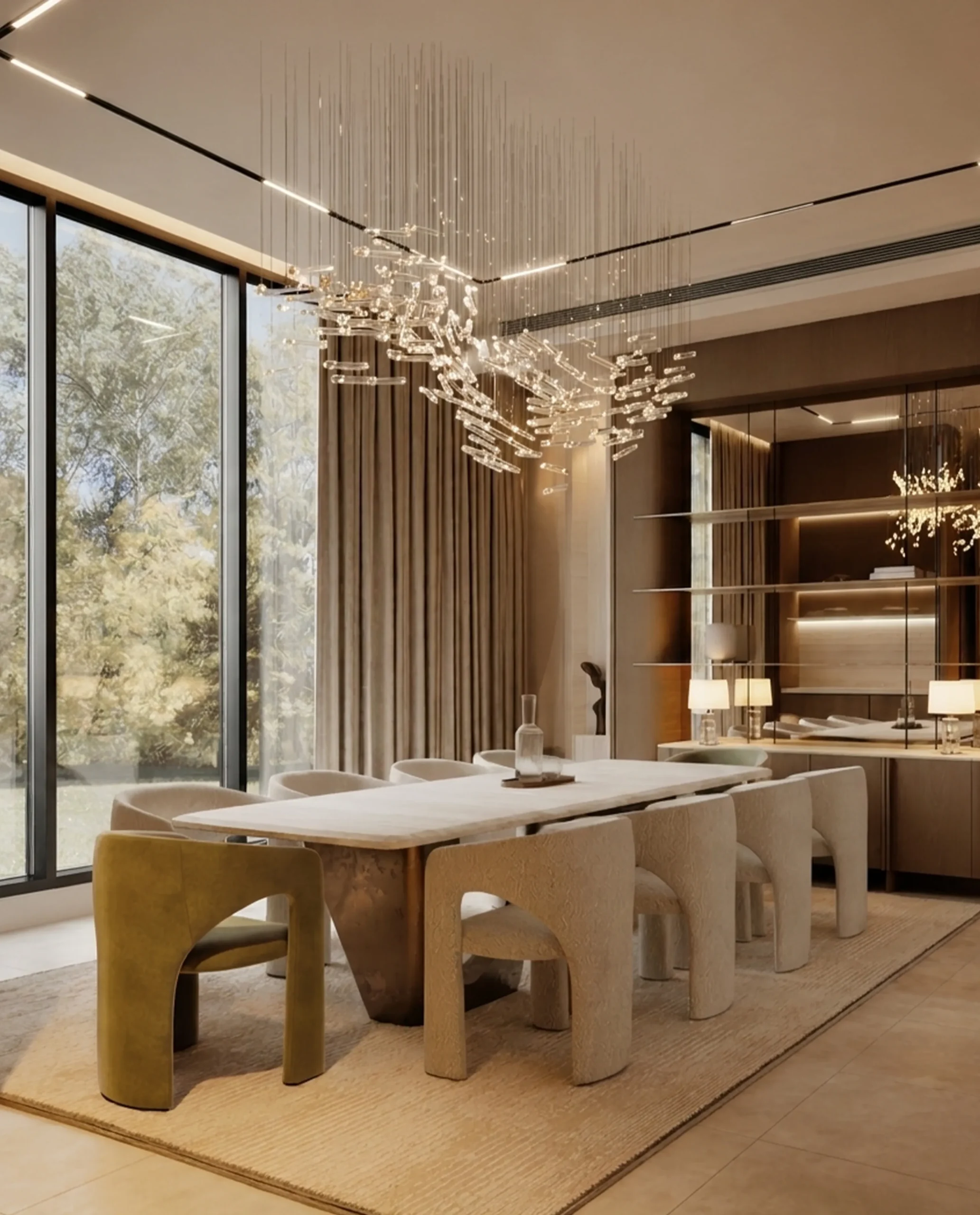 Cristallo chandelier installed above dining table in luxury interior