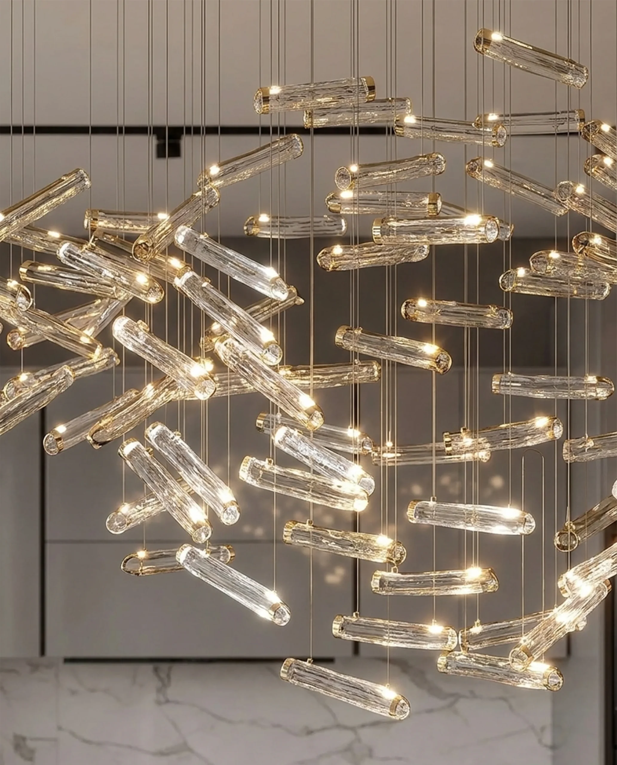 Cristallo chandelier metallic glass rod detail close-up