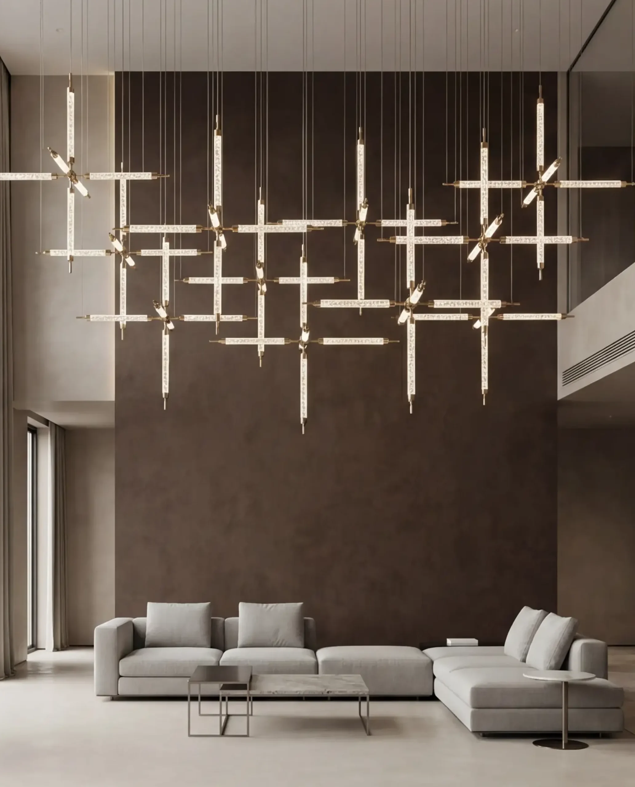 Cristiana chandelier geometric grid installation in luxury interior