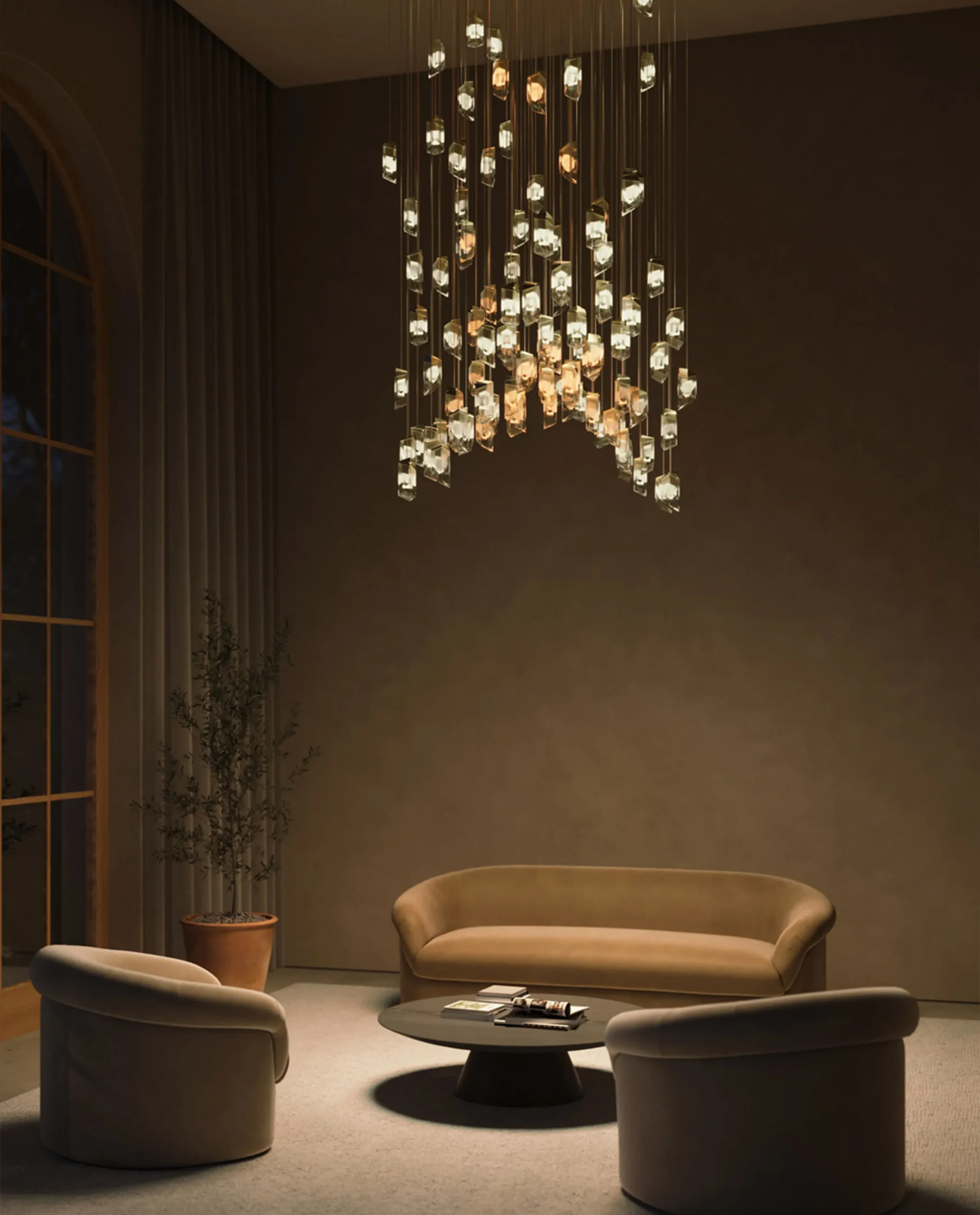 Crystel chandelier installed in luxury living room