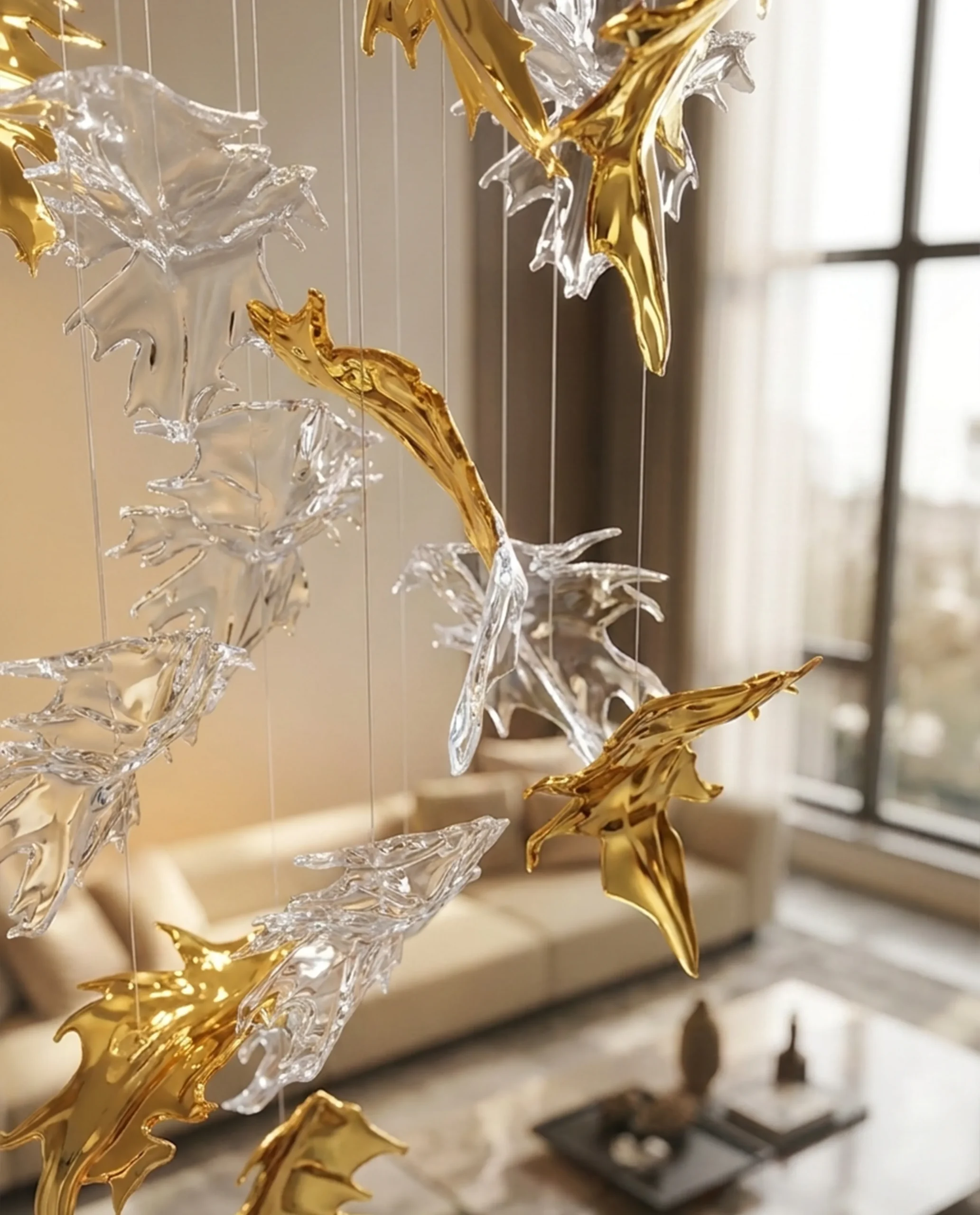 Donella chandelier gold leaf suspension in luxury living room
