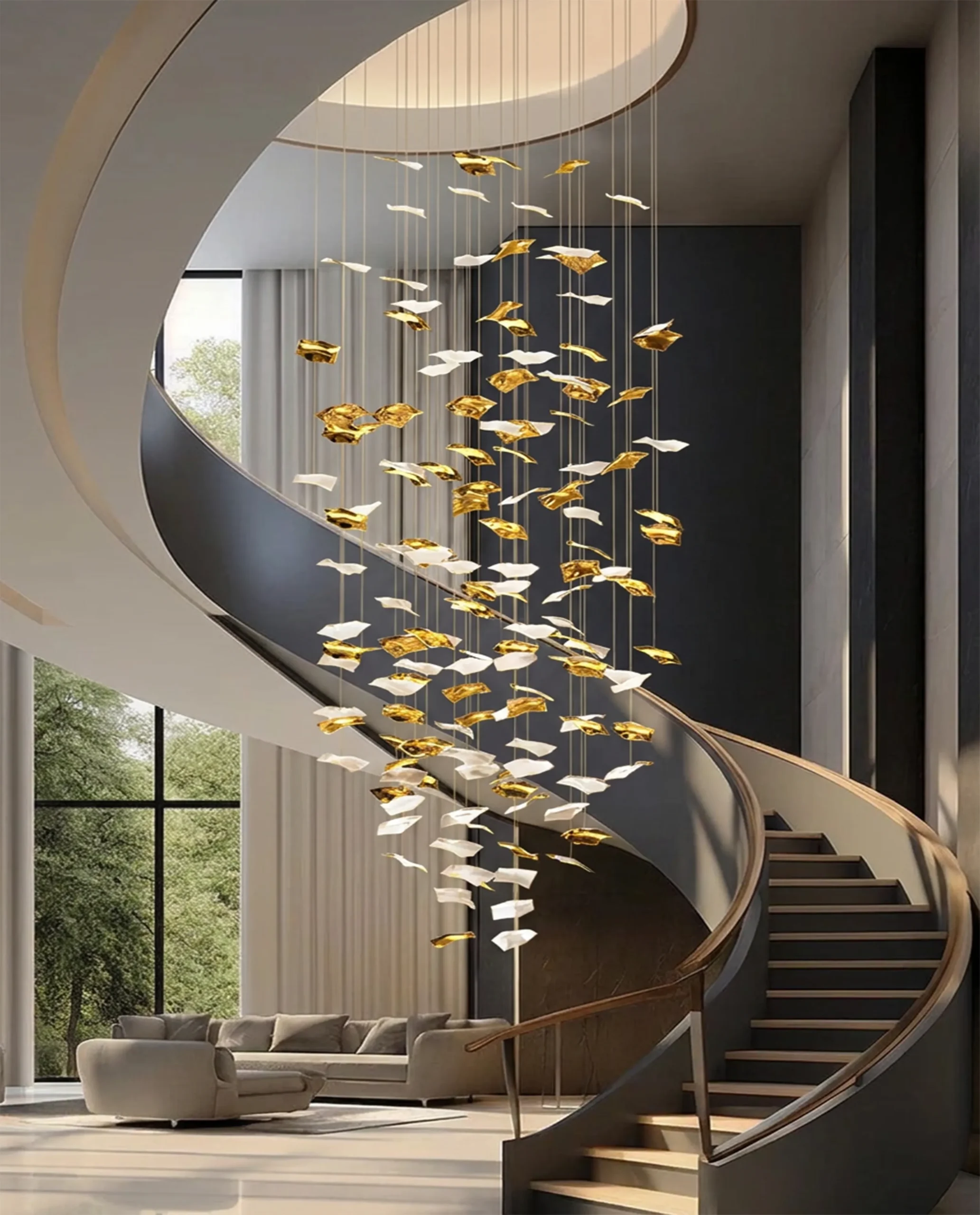 Fiorella chandelier cascading gold leaf formation in stairwell
