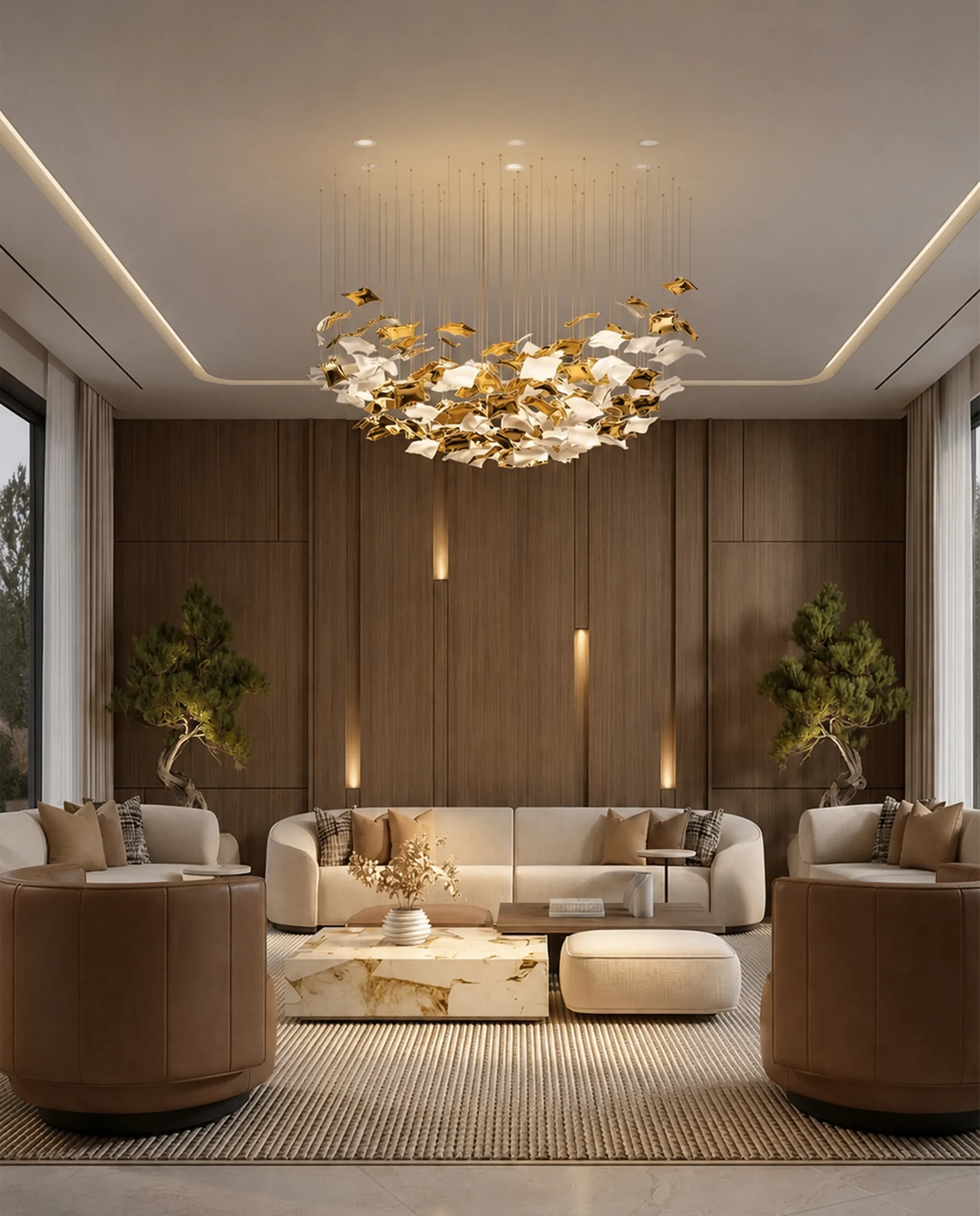 Fiorella chandelier installed in luxury living room