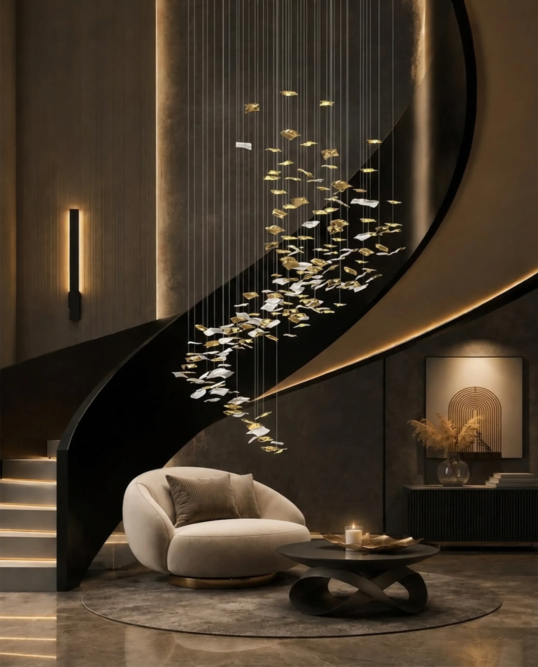Fiorella chandelier cascading gold leaf in curved stairwell