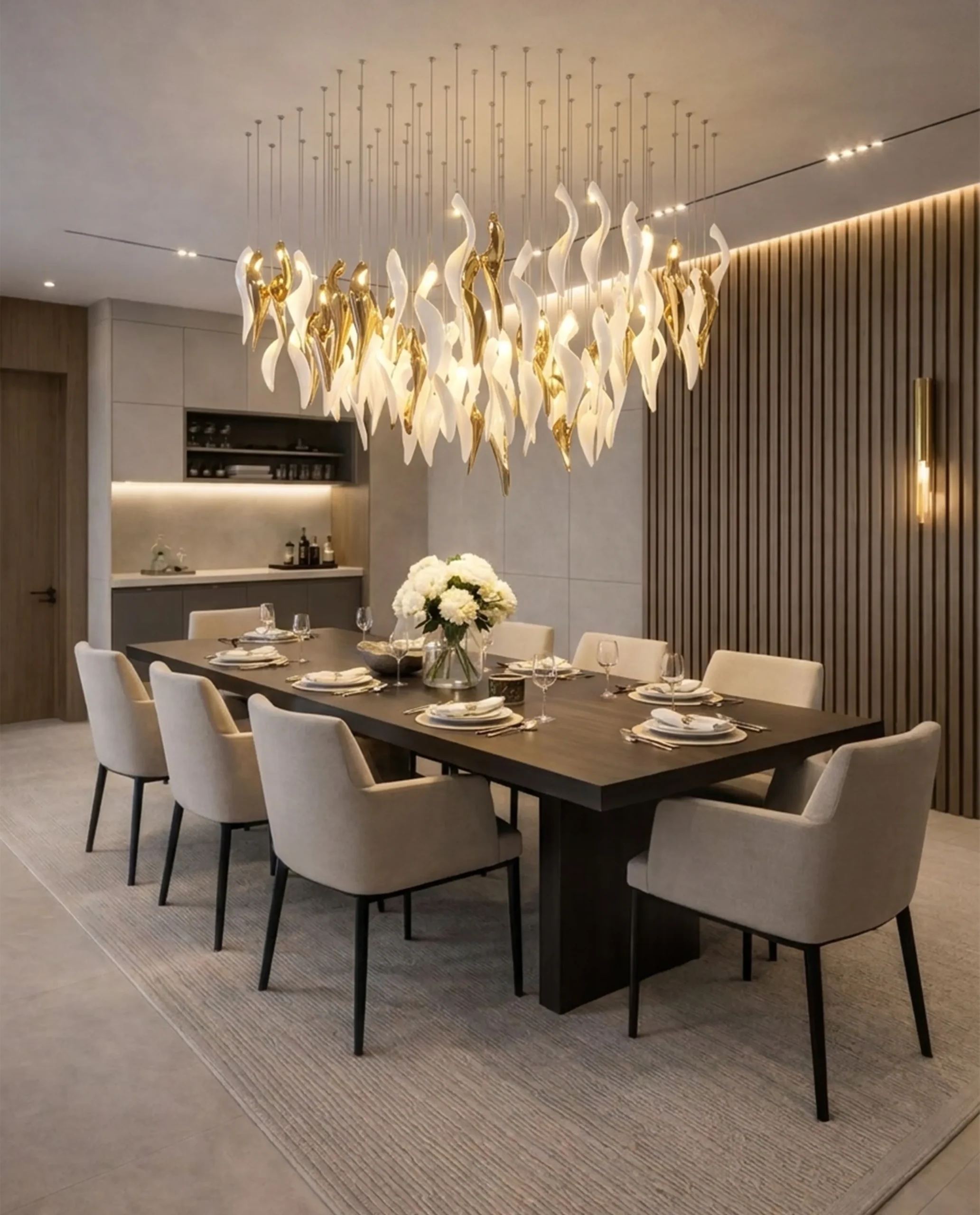 Francesca chandelier installed above dining table in luxury interior