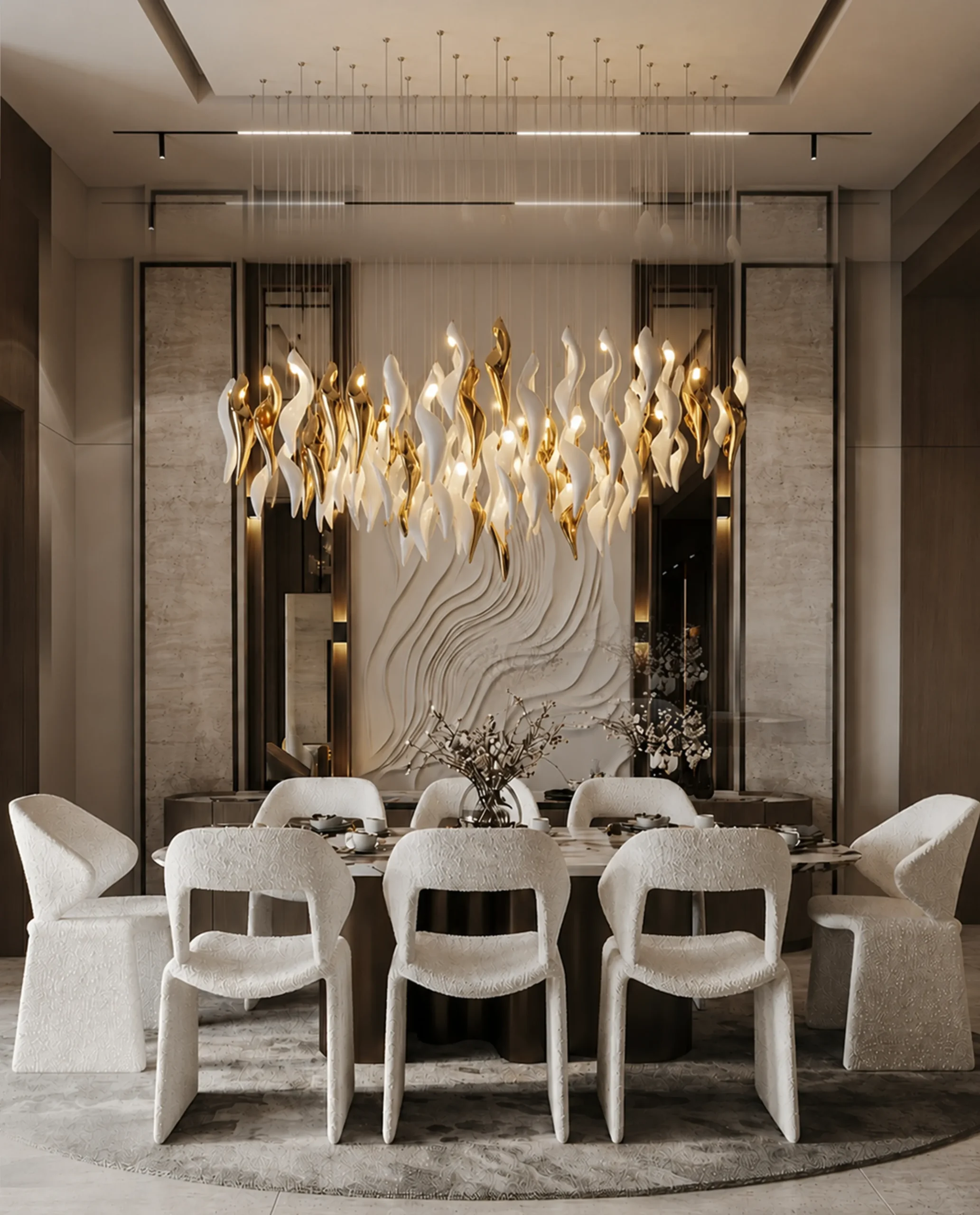 Francesca chandelier gold accent installed in luxury dining room
