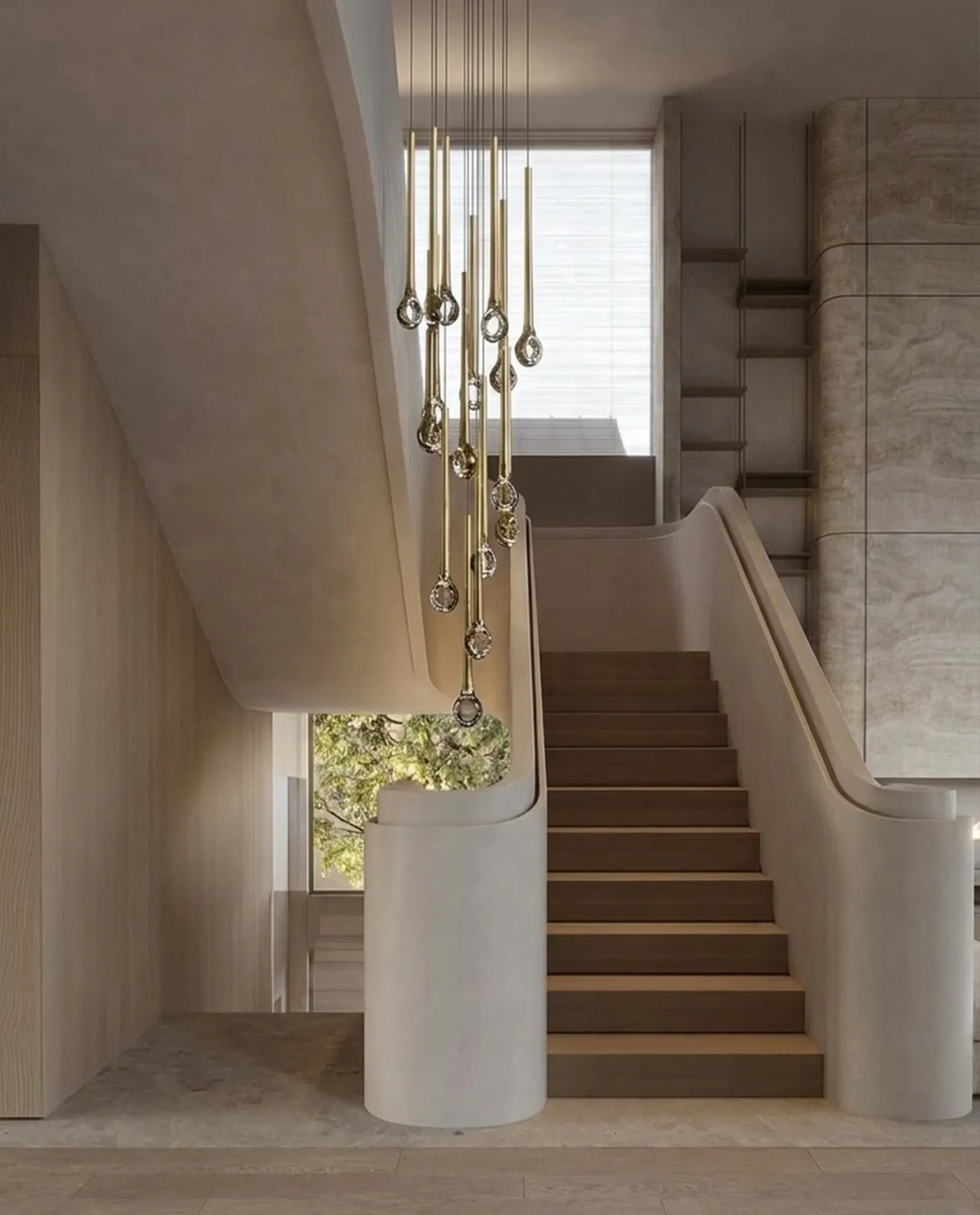 Gazelle chandelier cascading formation in tall interior