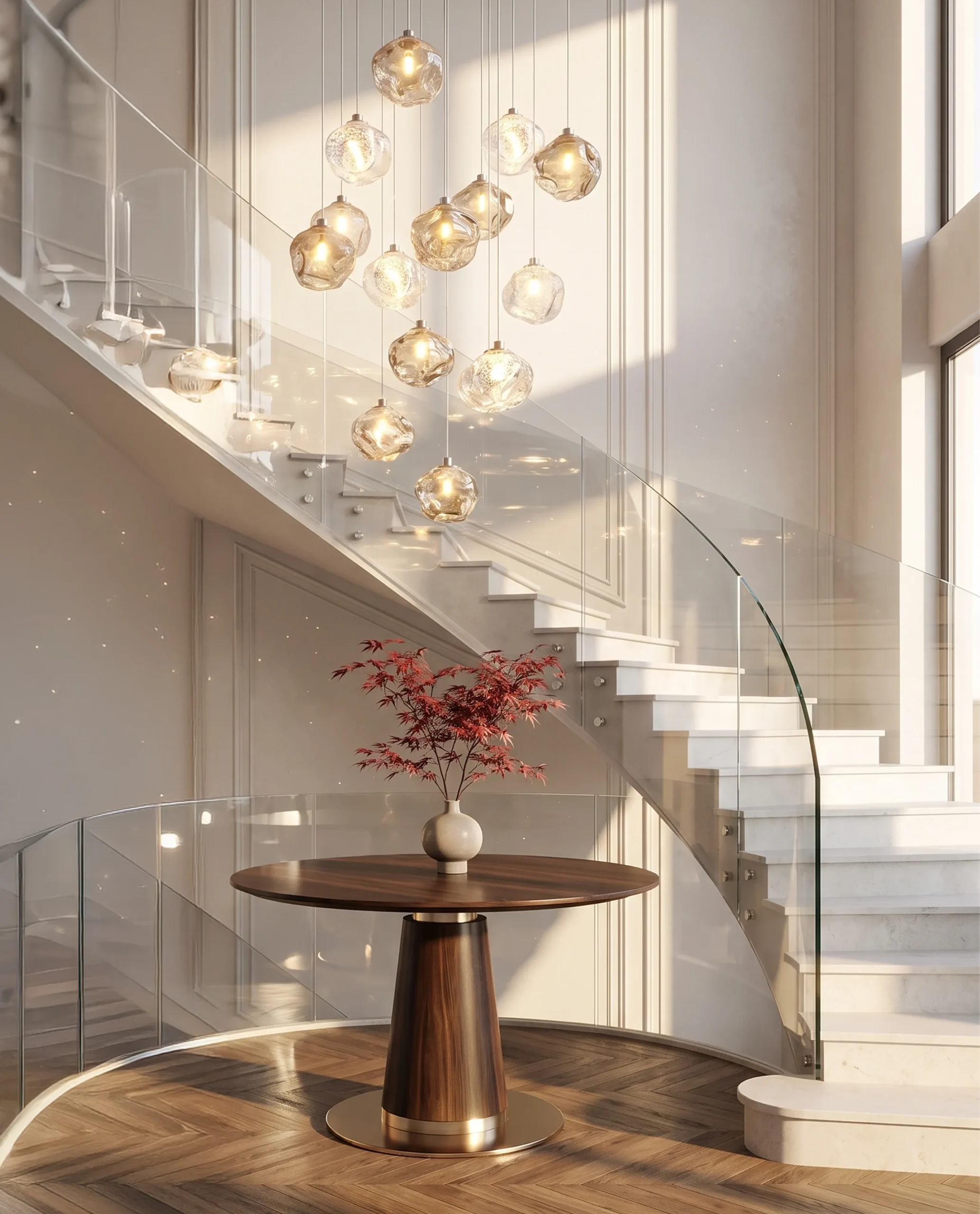Gilles chandelier cascading crystal pendants in stairwell