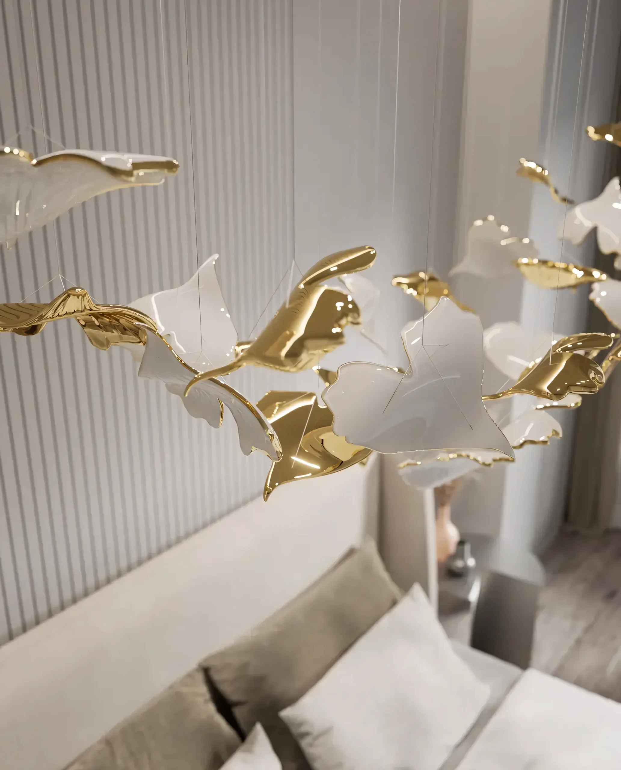 Irene chandelier gold Ginkgo leaf detail close-up