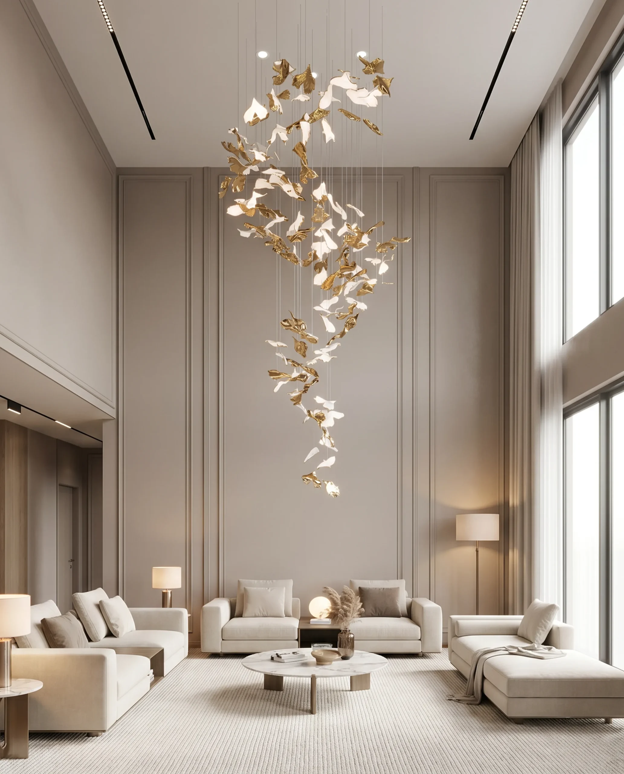 Irene chandelier cascading formation in tall luxury interior