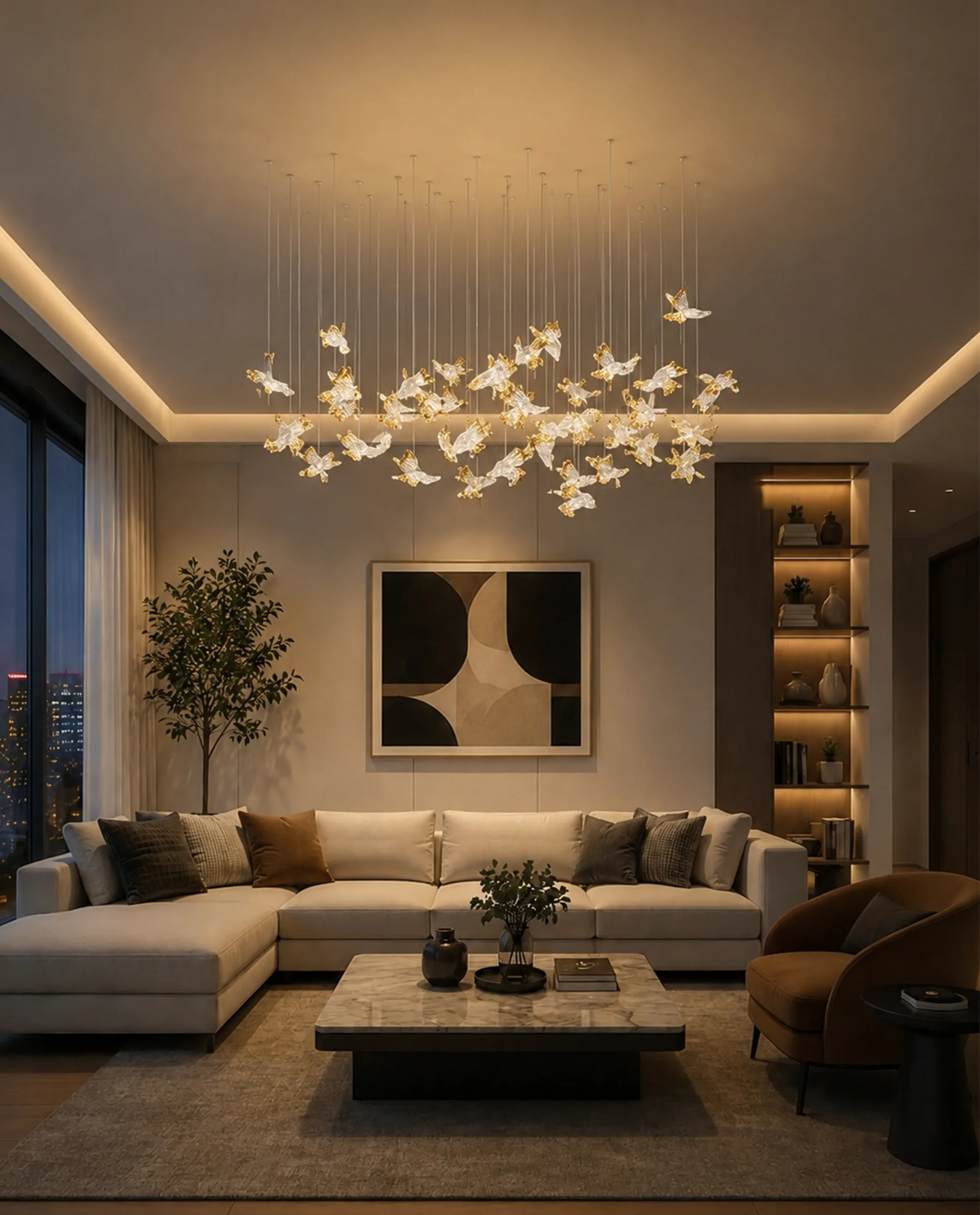 Ivy chandelier installed in luxury living room