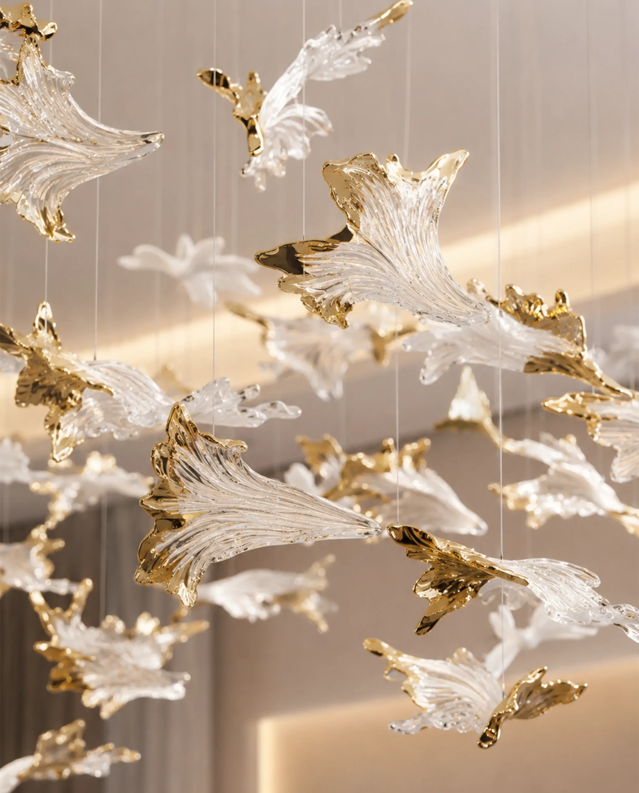 Ivy chandelier gold and crystal leaf close-up detail