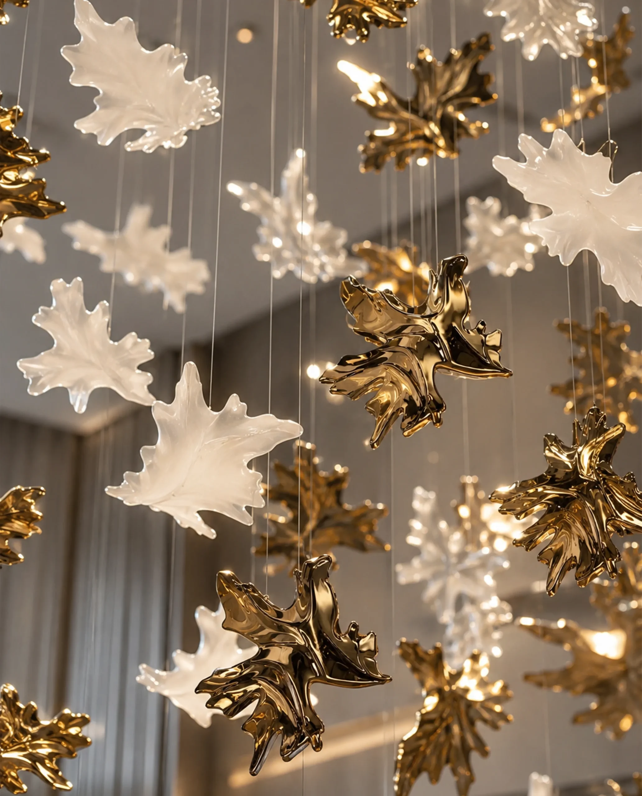 Lianna chandelier gold and white crystal leaf close-up Bloom Lighting