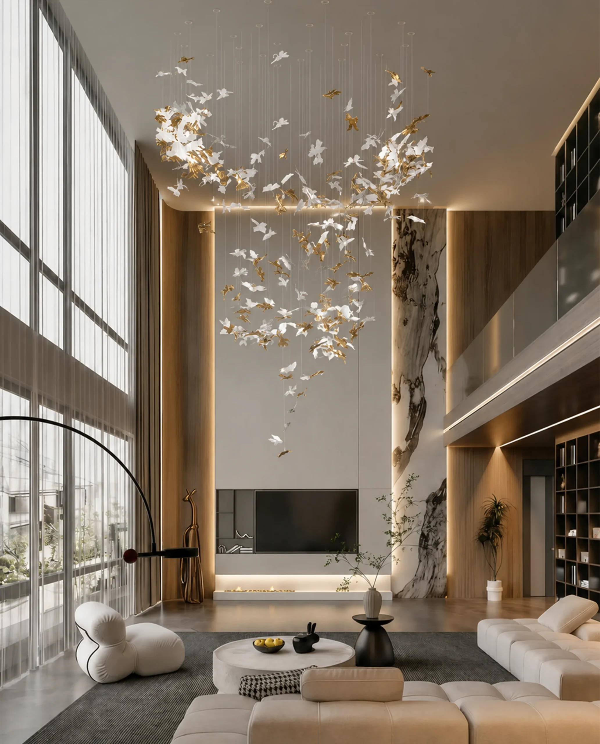 Lianna chandelier installed in luxury double volume living room