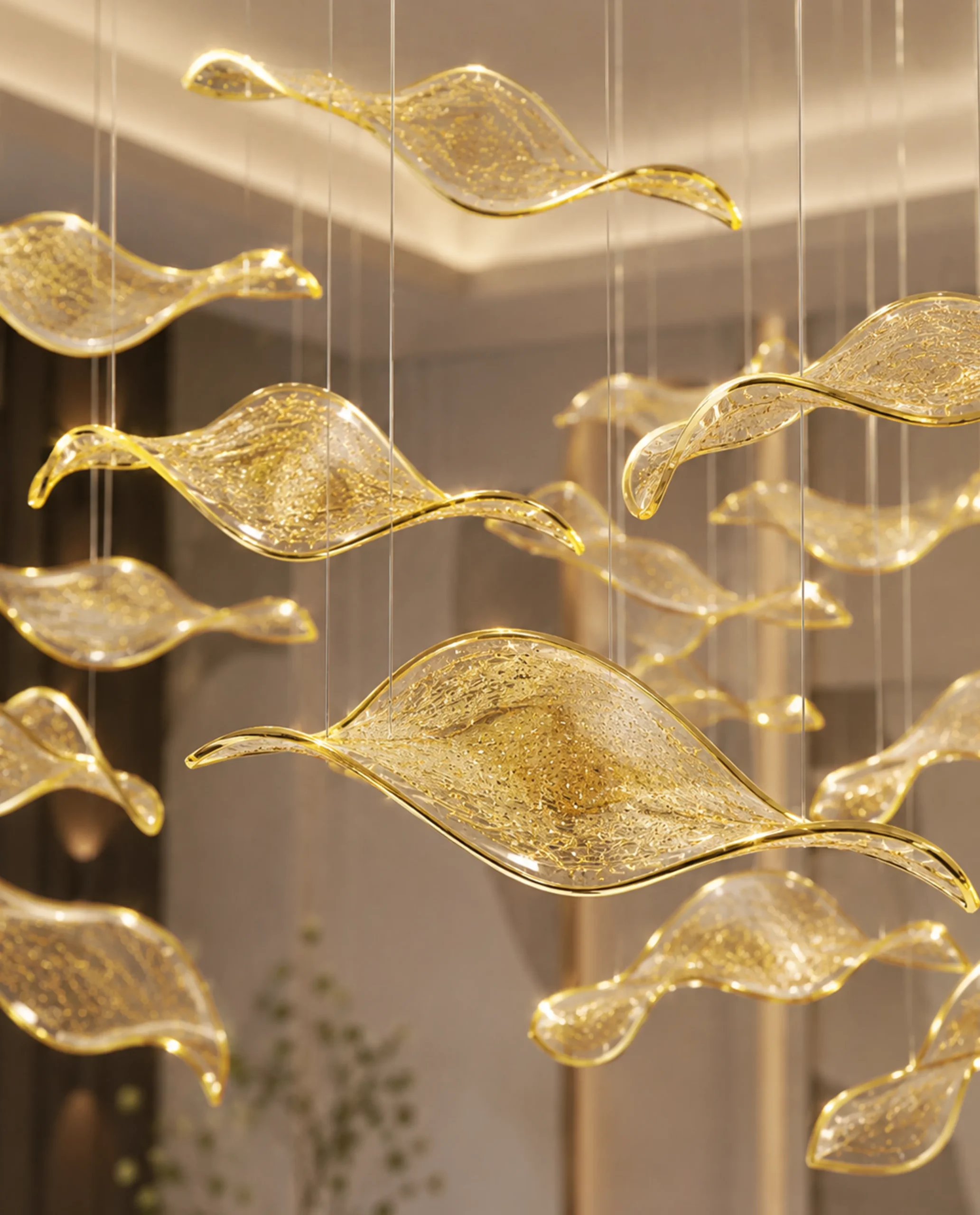 Light and Shade chandelier gold crystal leaf close-up Bloom Lighting