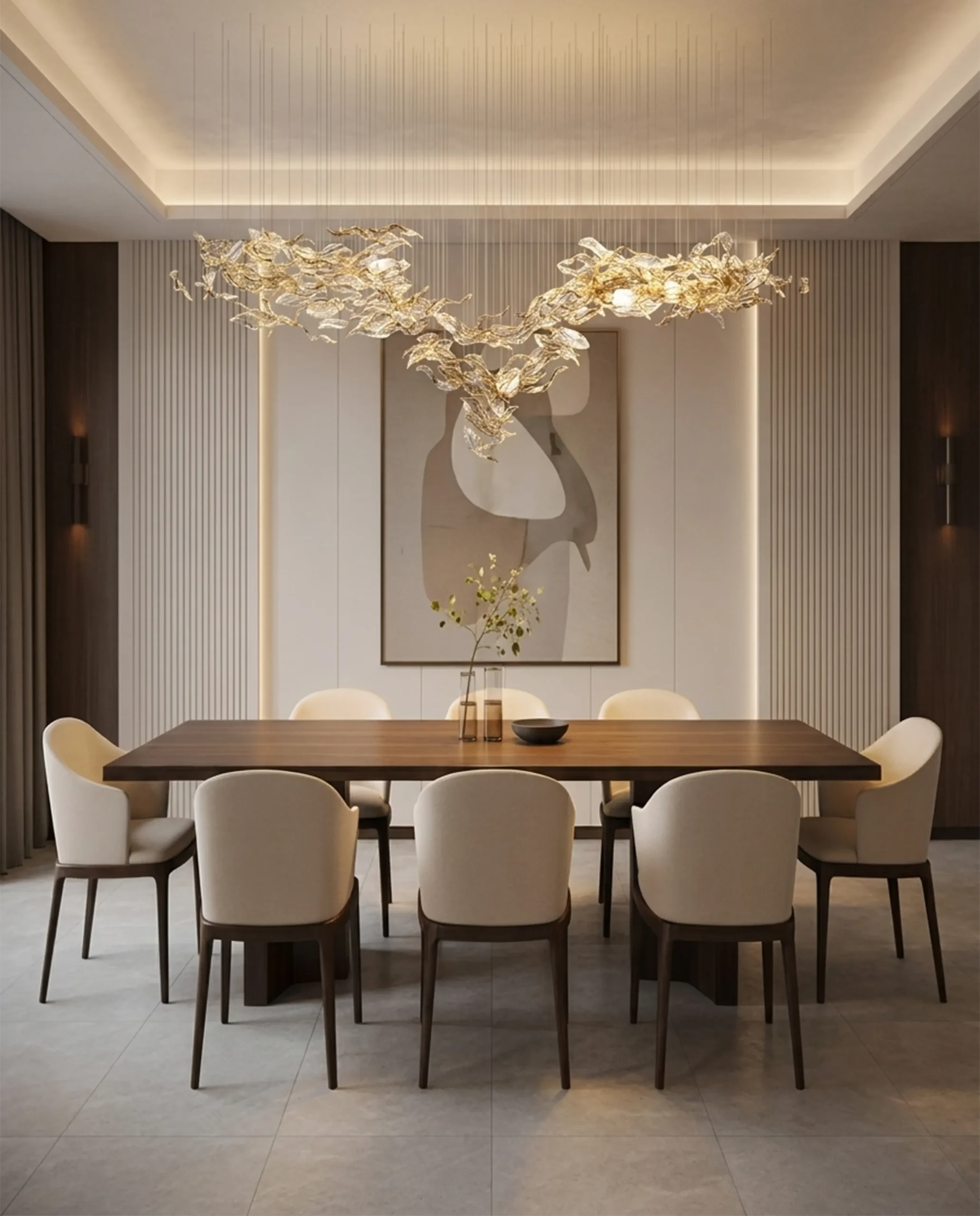 Light and Shade chandelier installed in luxury dining room