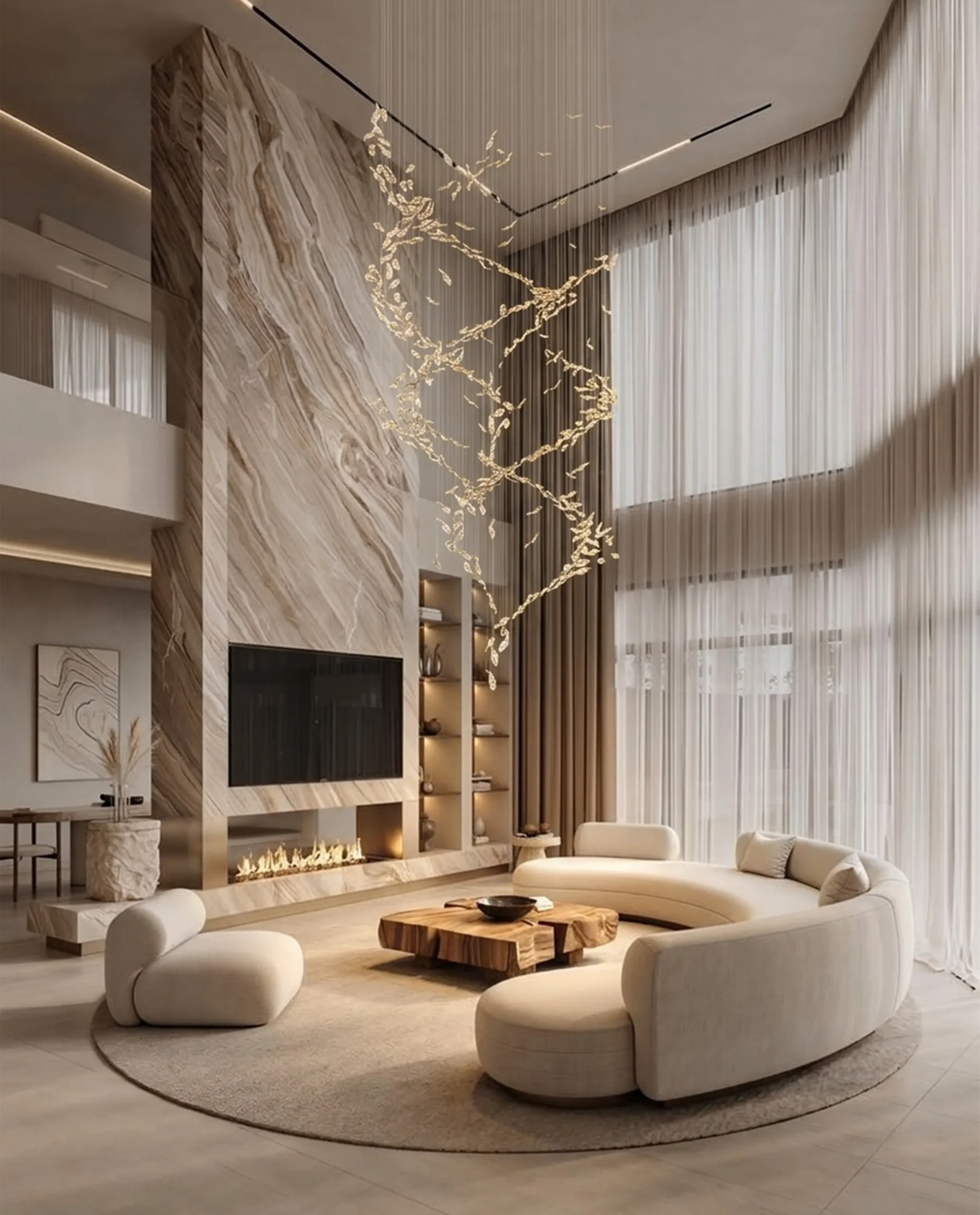 Light and Shade chandelier installed in luxury living room