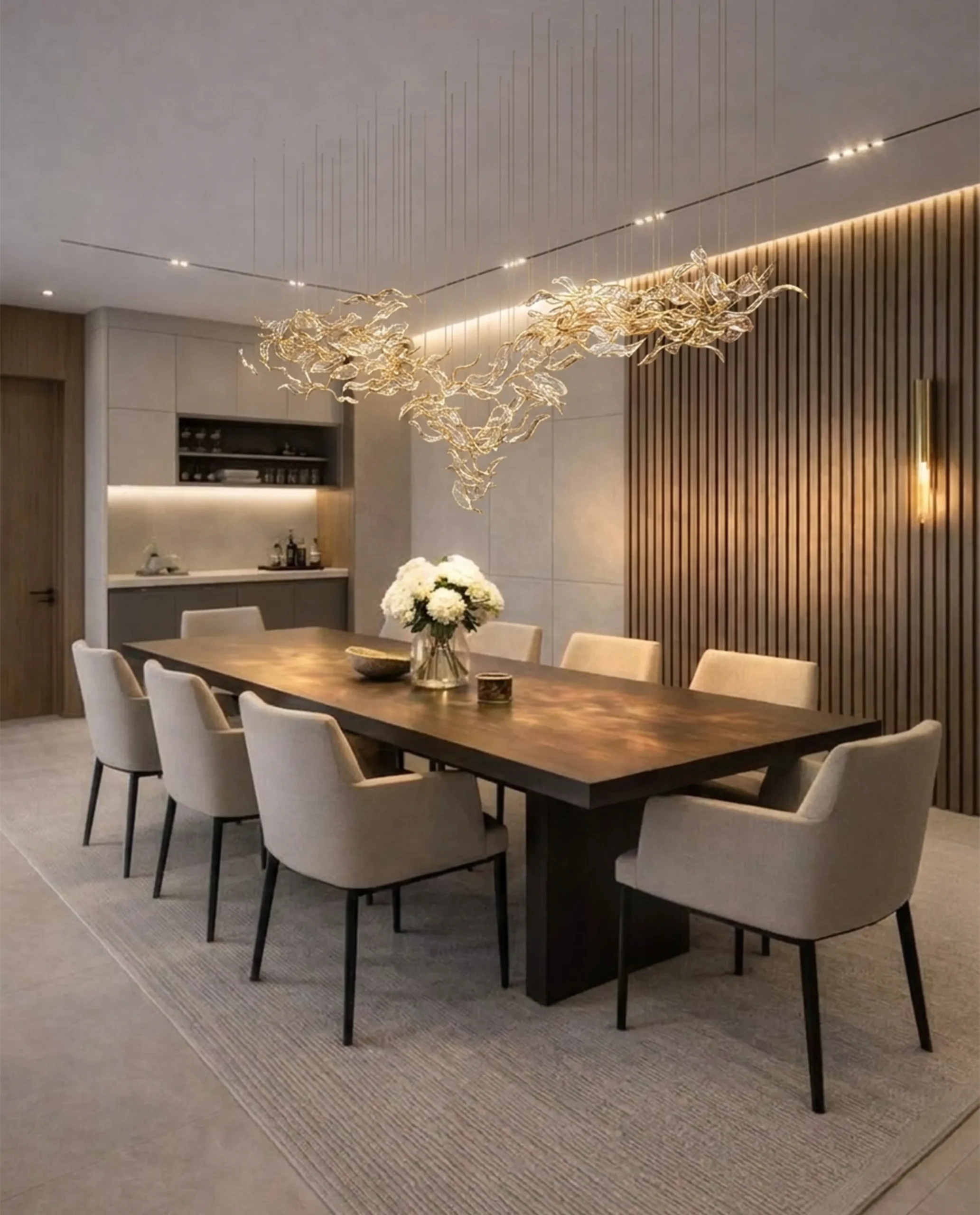 Light and Shade chandelier installed over luxury dining table