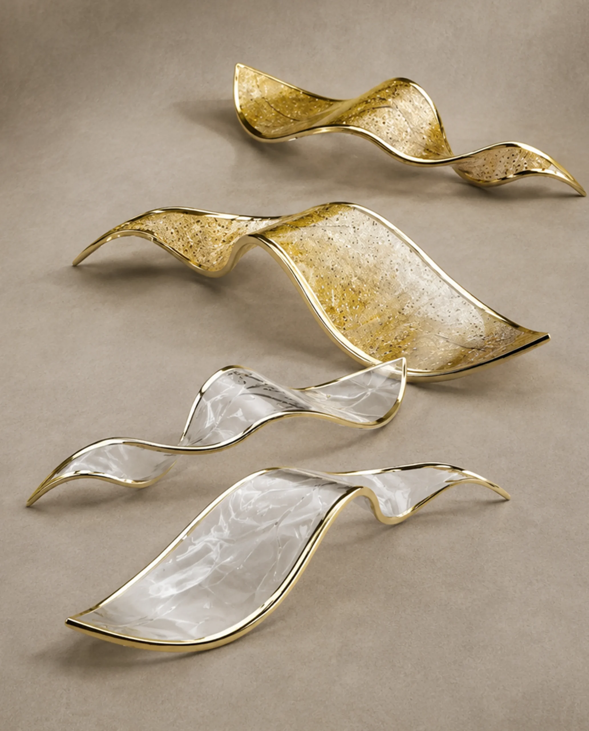 Light and Shade chandelier in tabac haze with gilded edge and cognac haze with gold mica and gilded edge leaf detail