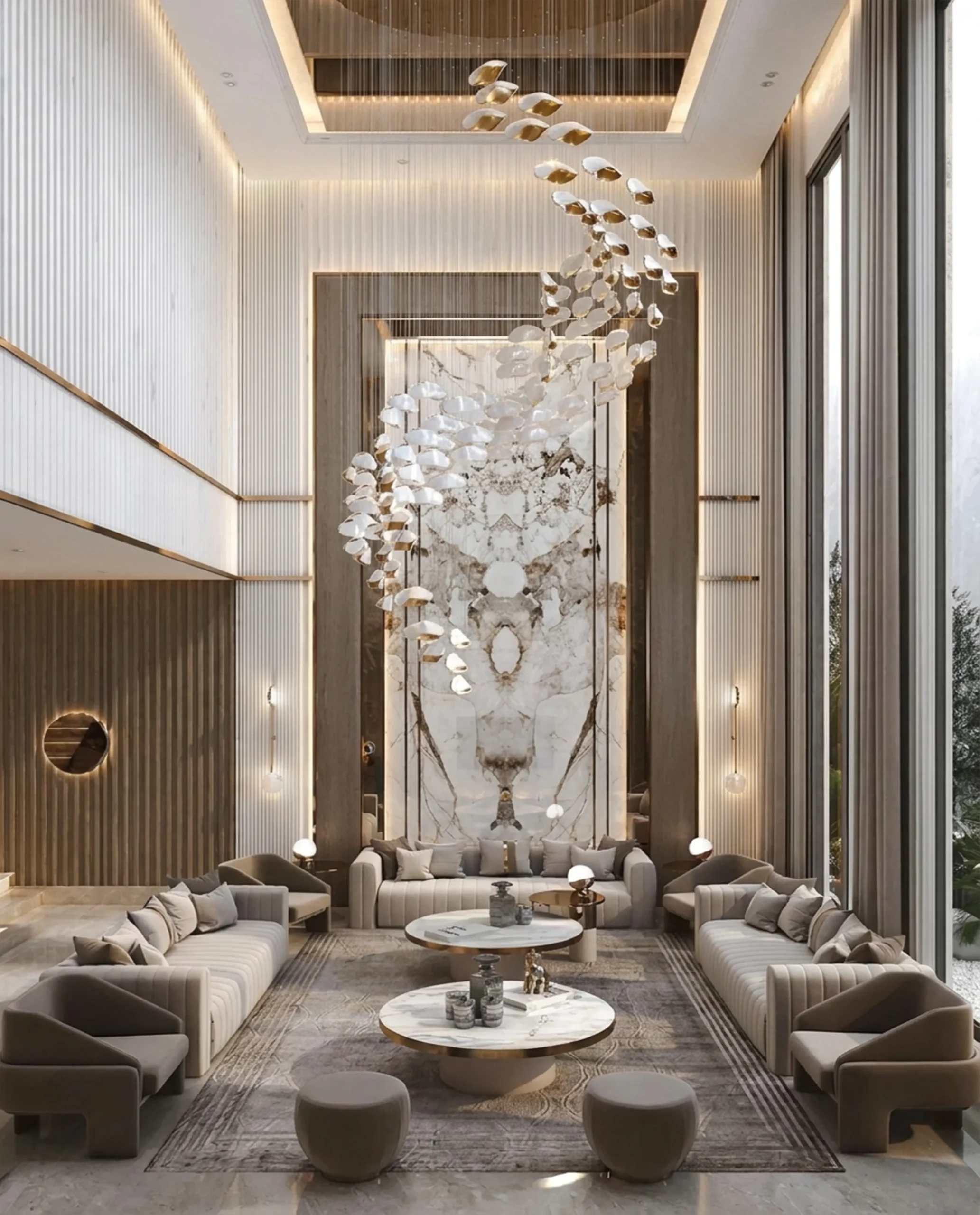 Ornella chandelier cascading installation in luxury living room