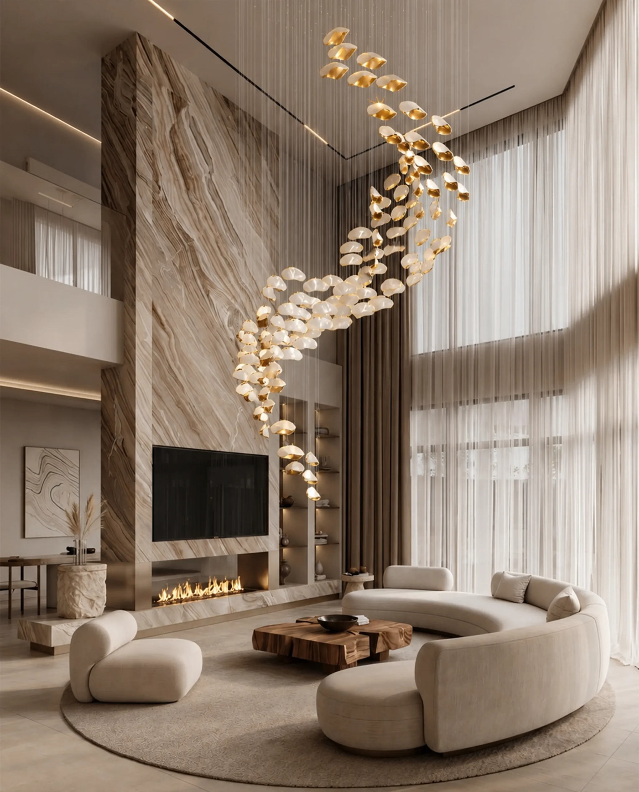 Ornella chandelier installed in luxury living room with fireplace