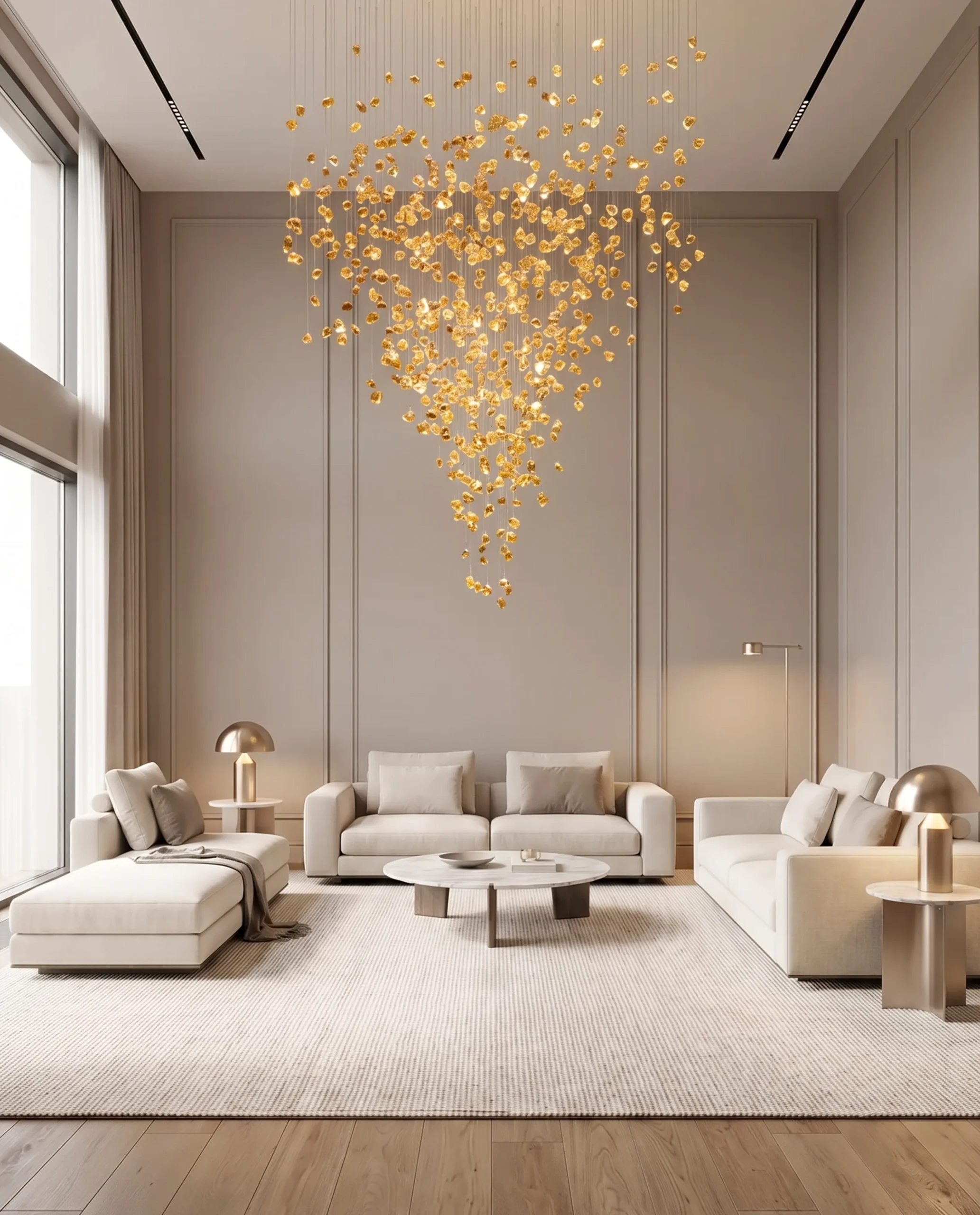 Pierre chandelier amber crystal installed in luxury living