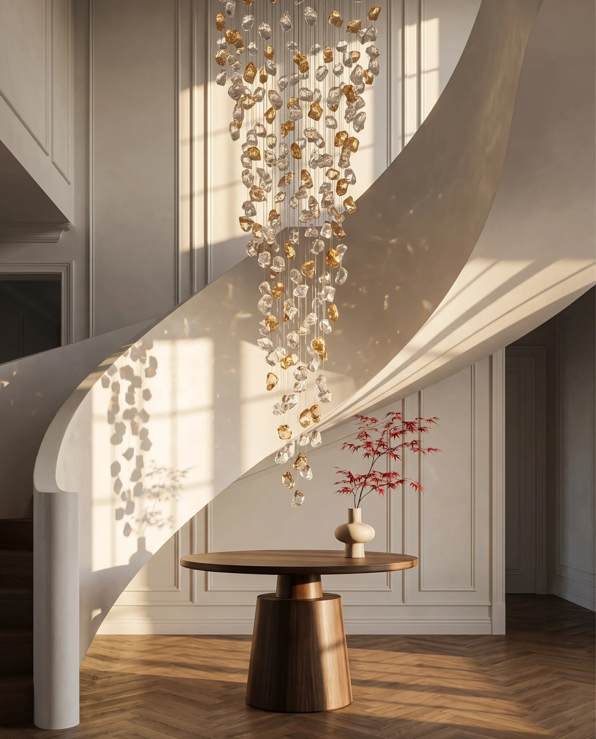 Pierre chandelier installed in luxury foyer