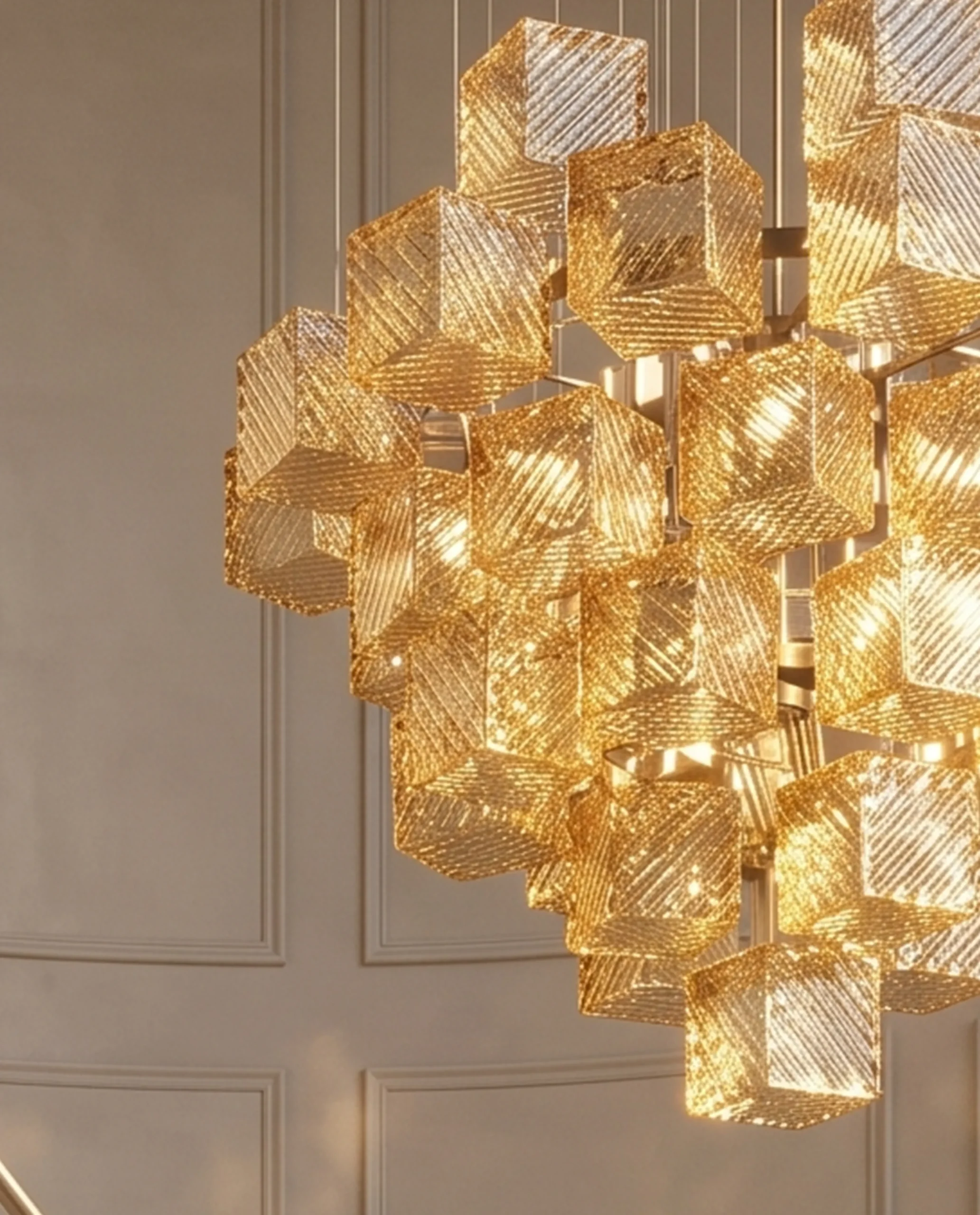 Zelda chandelier gold crystal cube close-up Bloom Lighting
