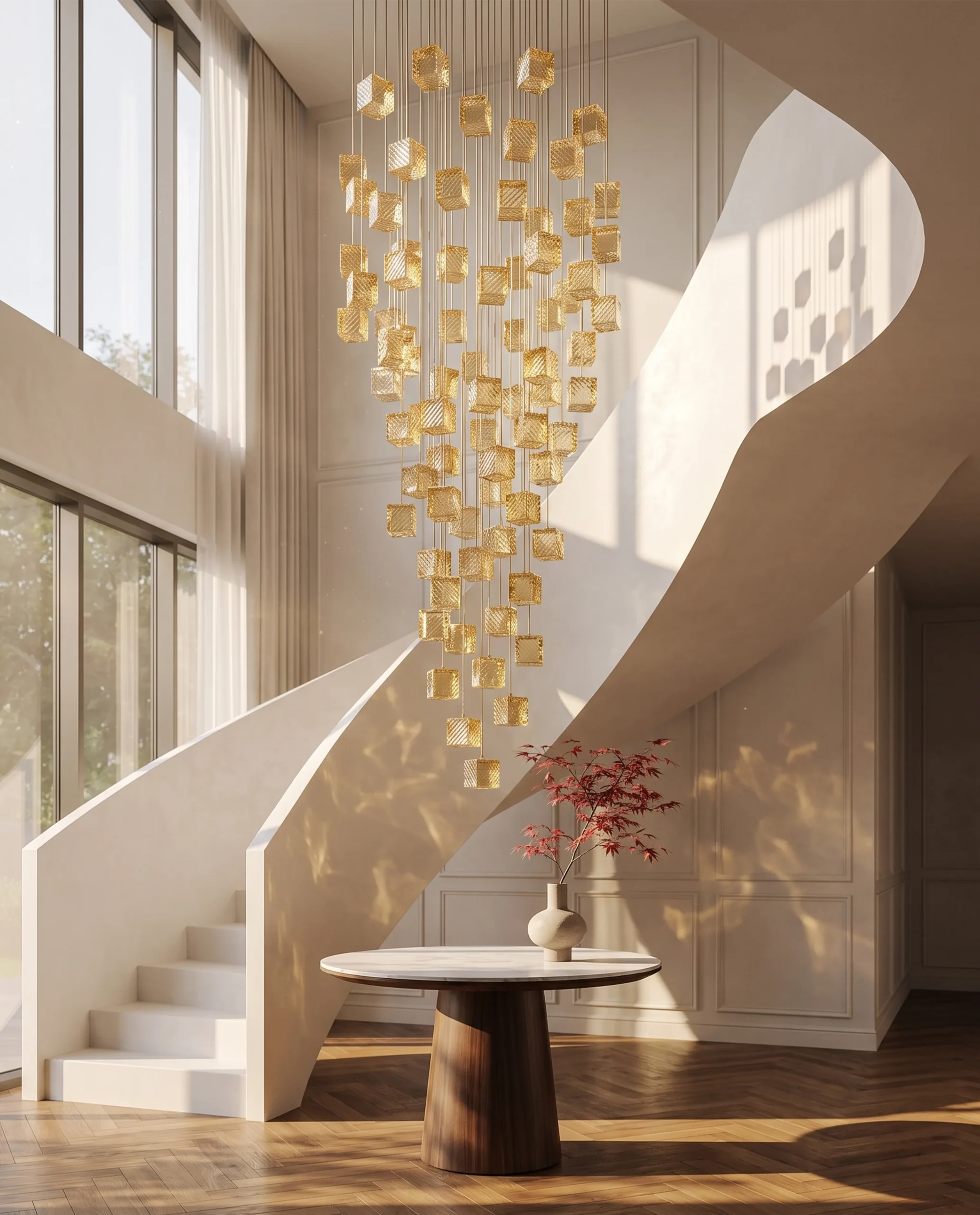 Zelda chandelier cascading cube formation in stairwell