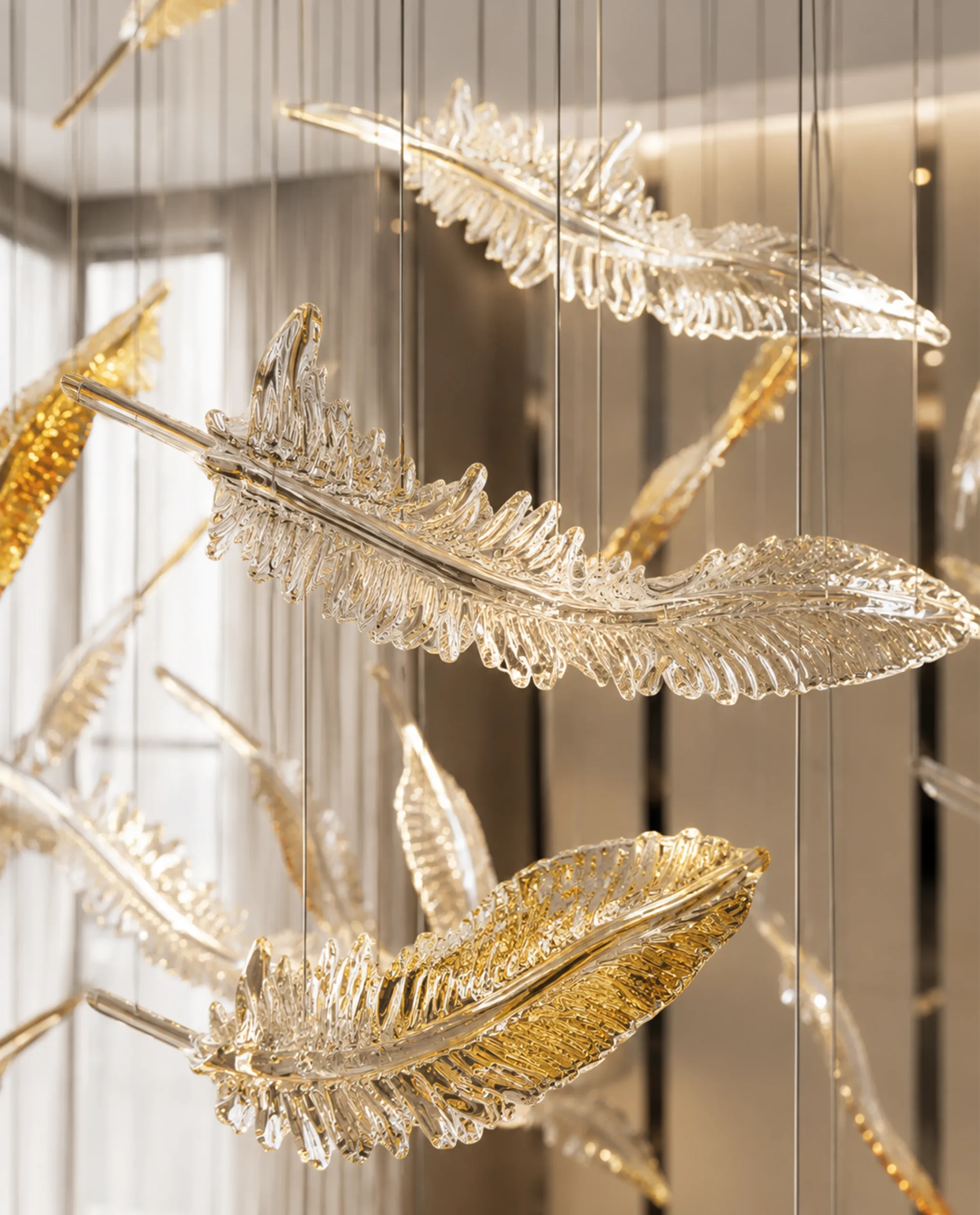 Zypher chandelier gold crystal feather close-up Bloom Lighting