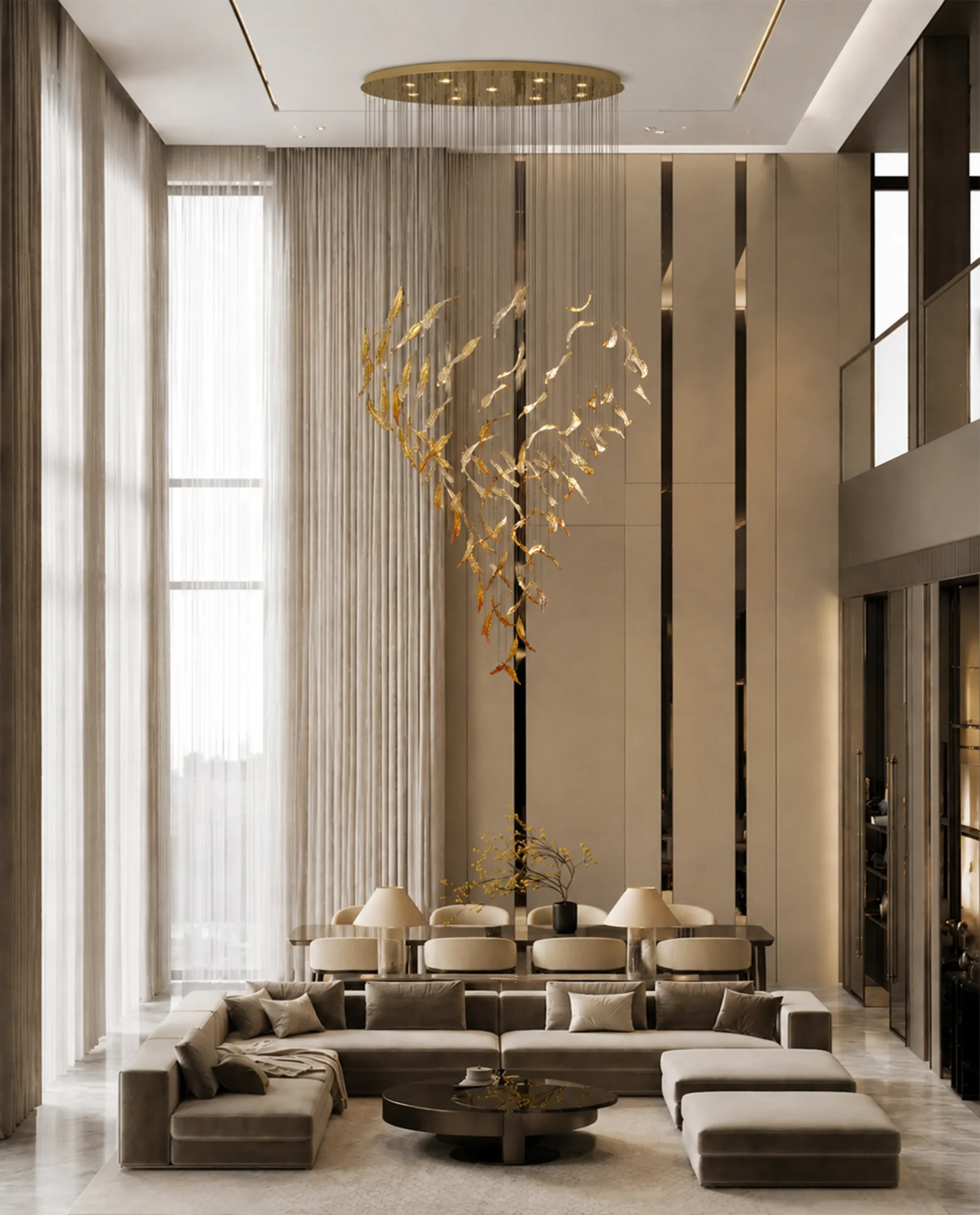 Zypher chandelier gold feather formation in luxury interior