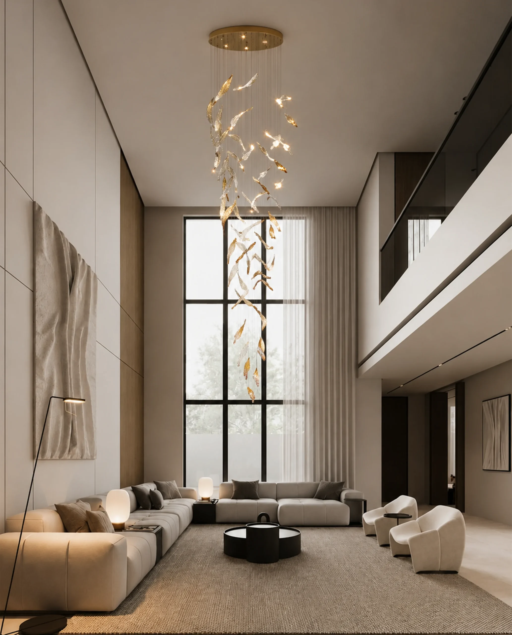 Zypher chandelier cascading feather formation in luxury