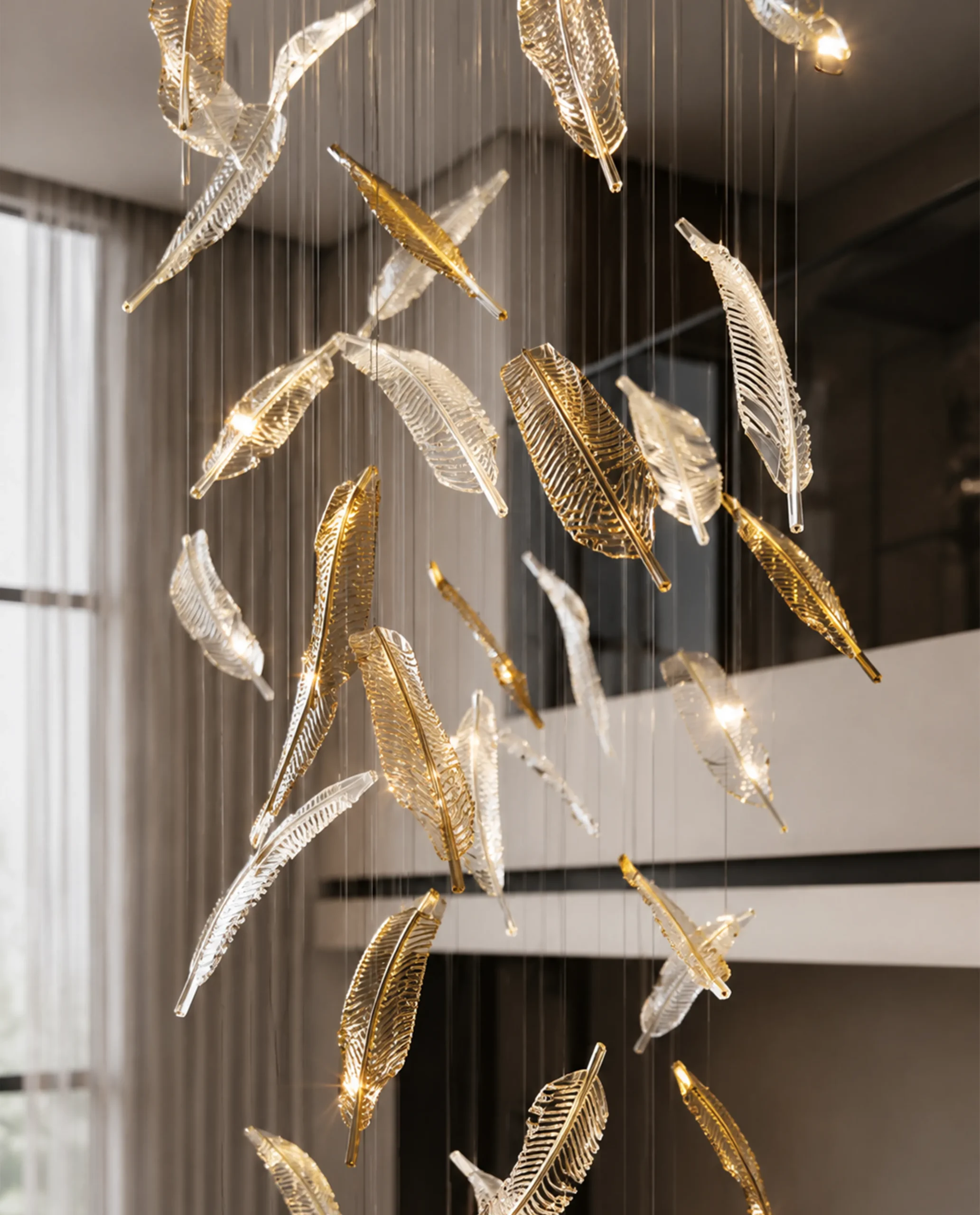 Zypher chandelier gold feather detail close-up
