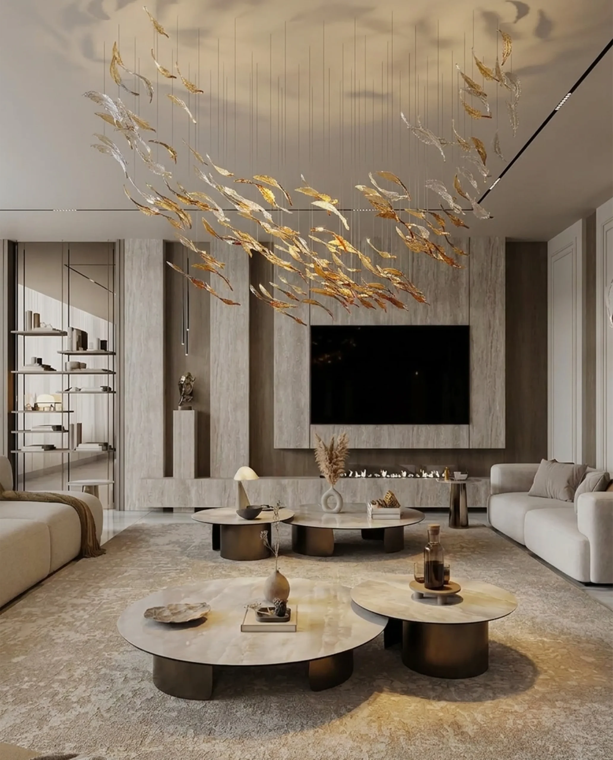 Zypher chandelier installed in luxury living room